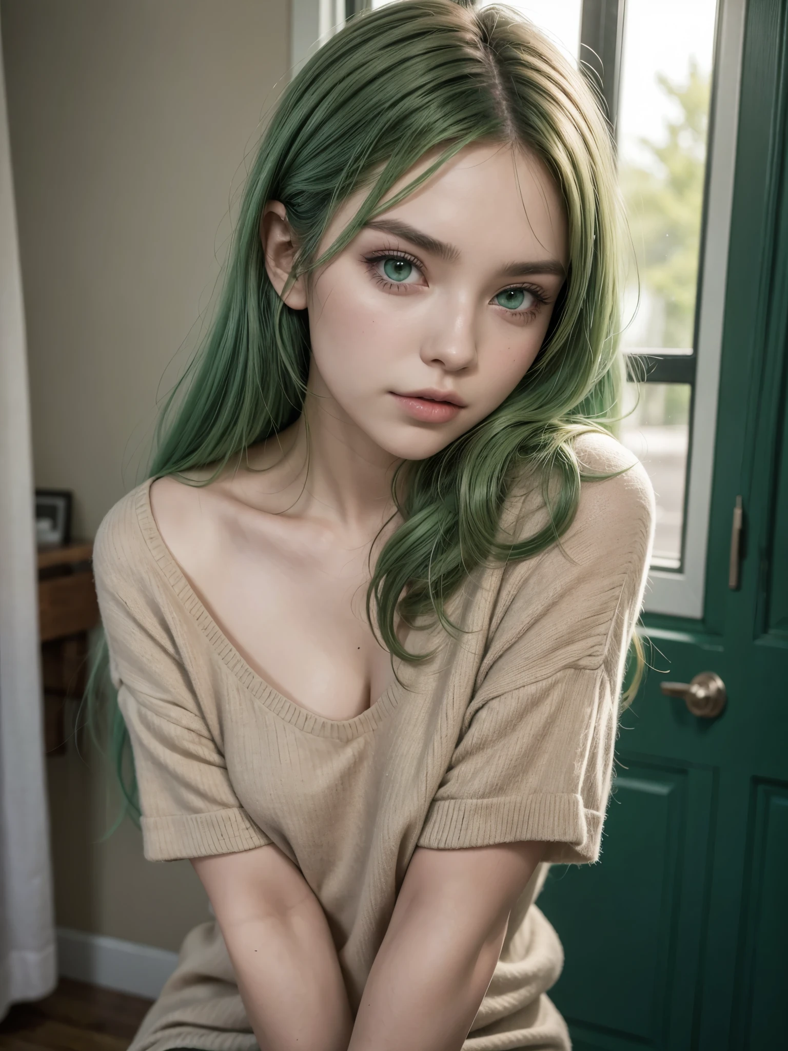 Hot woman, green hair, green eyes, sexy casual clothing, blush,