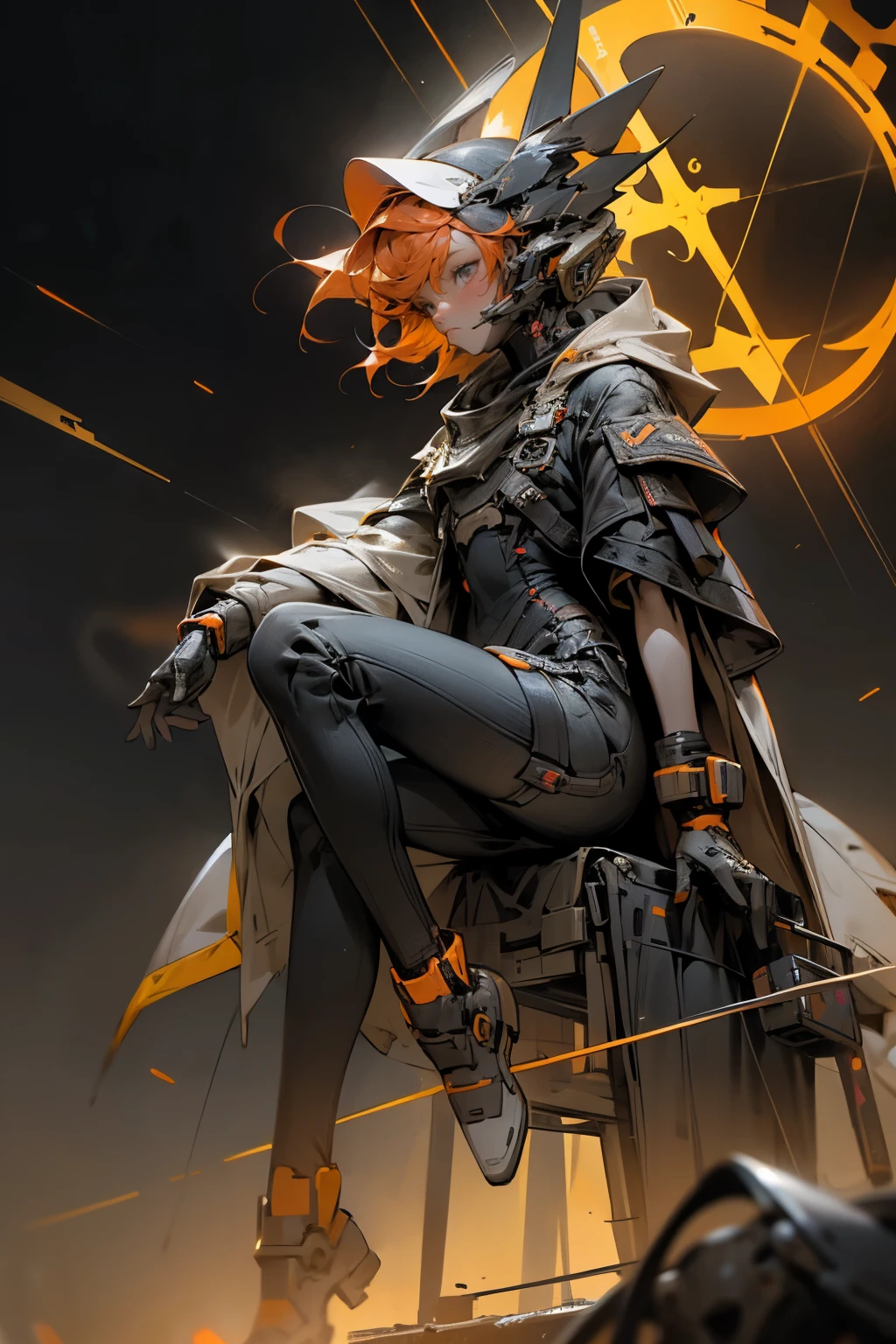 A sci-fi stylized young girl. Multiple-layered raincoat covering a whole body with a "HOPE" text on it. Short orange hair, calm expression. Square bulky visor completely covering the eyes, hood. Cybornetic long legs. Gloved hands. The clothes are black and dark-grey colored. Small crucifix on the chest. 6 small sphere drones with orange neon lights on it floating around separately. Right hand reaching forward. Night Time. Photo realistic.