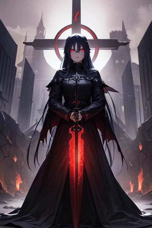 (dark,menacing:1.2),evil dark angel, (long blue hair:1.1), (red halo:1.1), (flaming sword:1.1) shaped like a cross, (dark fantasy:1.2), (red eyes:1.1), (black wings:1.1), (sinister aura:1.1), eerie atmosphere, (ominous shadows:1.1), (mysterious background:1.1), (intense lighting:1.1), (dramatic pose:1.1), medieval, soaked in blood, gore, horror