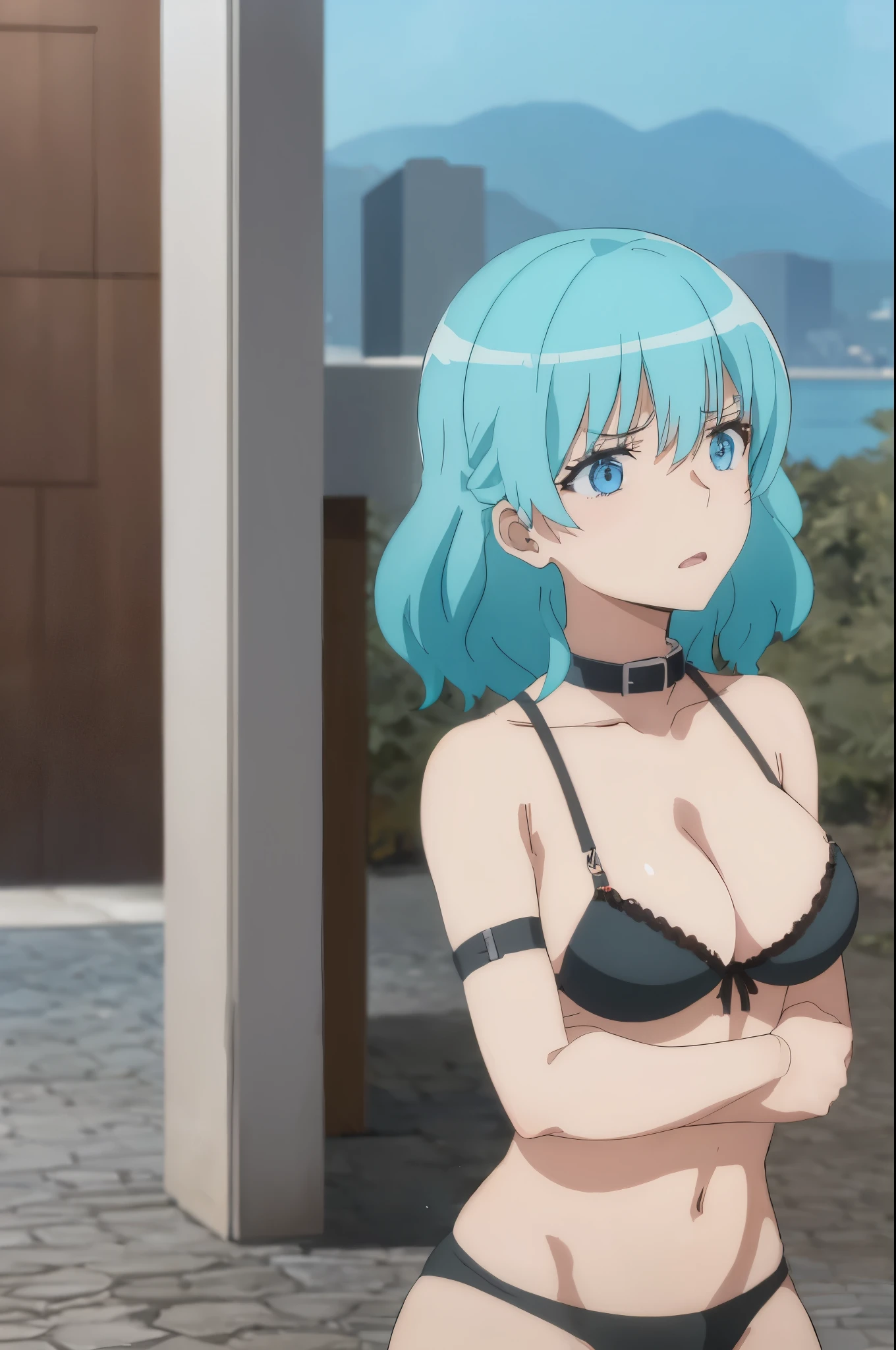 ((collar,leash,tied up,bondage,scared expression,)),1Girl, solo,aqua hair, medium hair, blue eyes,(((blackbikini,bra)))