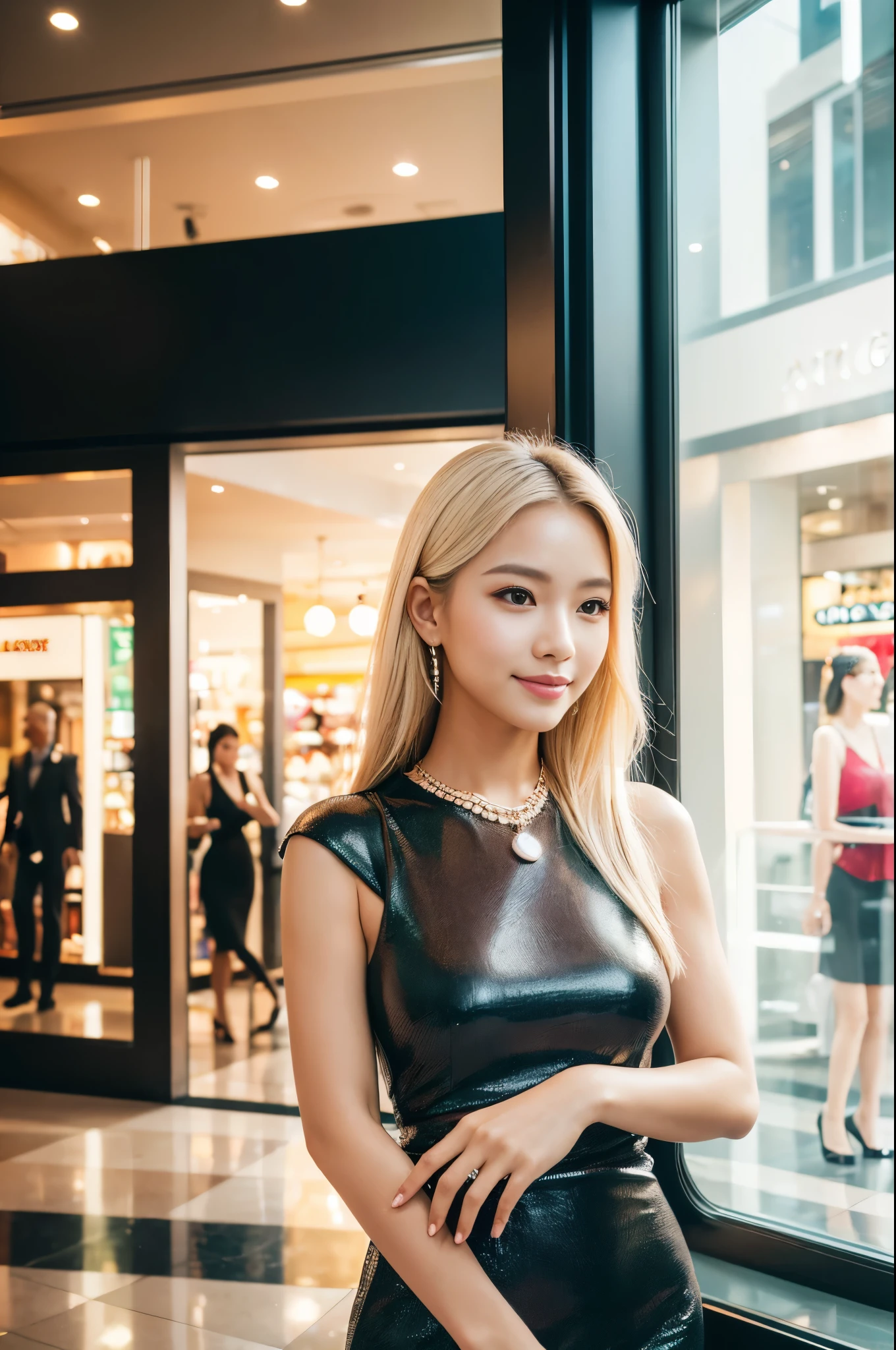 (best quality, 4k ,8k, highres, masterpiece:1.2), ultra-detailed, (realistic, photorealistic, photo-realistic:1.37), beautiful Thai woman, beautiful smile, platinum blonde hair, fair skin, slender figure, elegant posture, wearing large sparkling colorful jewelery, wearing a business style dark grey leather dress, standing in a large shopping mall, gentle sunlight shining through the shopping mall windows, casting a soft glow on her face, adding warmth to the scene, vibrant colors, capturing the essence of vibrant city life, portrait style, showcasing her natural beauty and grace in a feminine way.