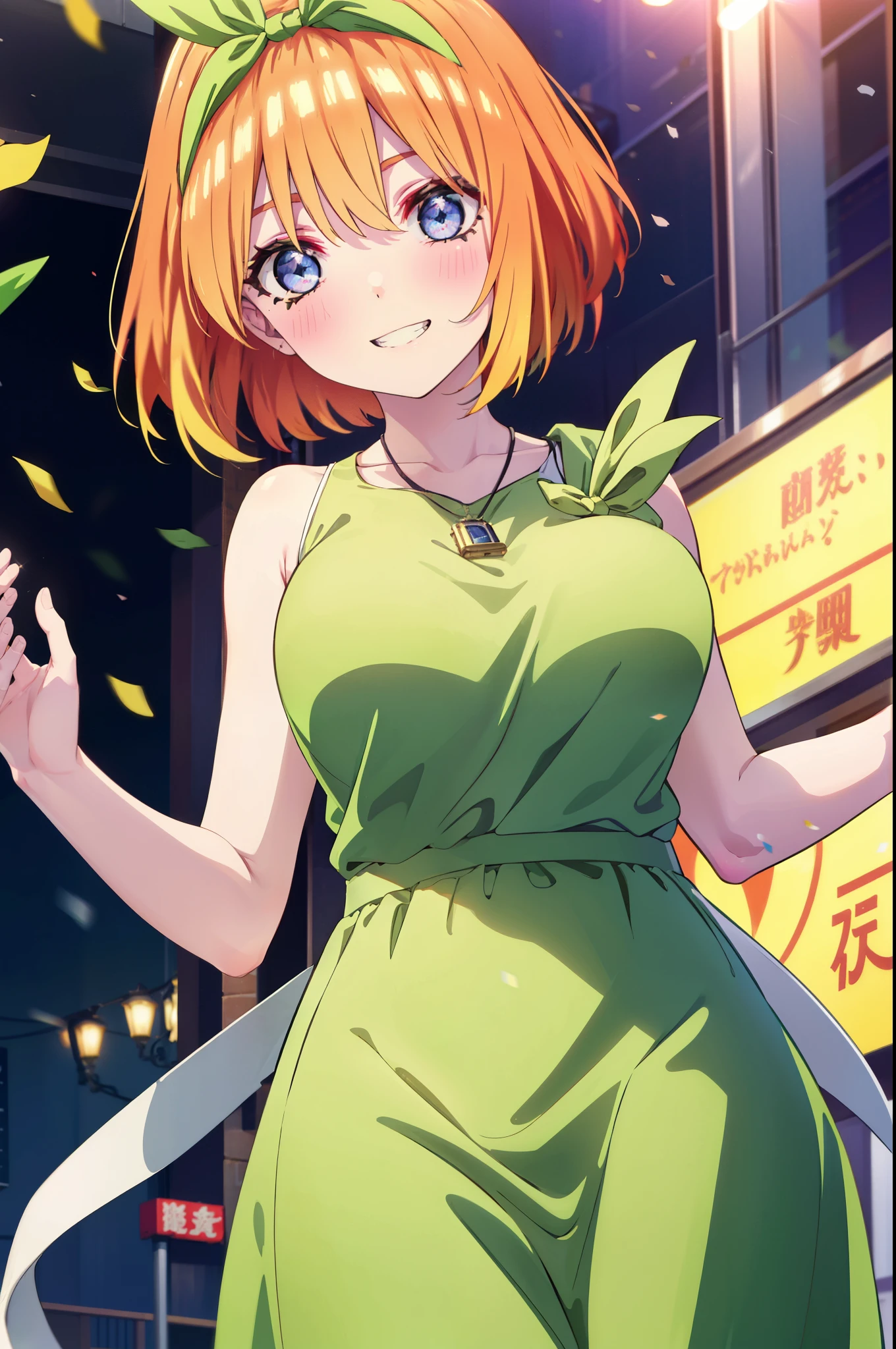 yotsubanakano, Yotsuba Nakano, bangs, short hair, blue eyes, Hair between the eyes, hair ribbon, hair band, Orange Hair, (Green ribbon:1.5), smile, Grin,Star hair ornament,smile,blush,Green sleeveless dress,Long skirt,Red Pin Heel,Sleeveless,naked,nakedの腕,nakedの首,nakedの鎖骨,Locket Necklace,Confetti,There is a birthday cake on the table,
break indoors, on stage,venue,
break looking at viewer, (Cowboy Shot:1.5),
break (masterpiece:1.2), highest quality, High resolution, unity 8k wallpaper, (shape:0.8), (Beautiful details:1.6), Highly detailed face, Perfect lighting, Extremely detailed CG, (Perfect hands, Perfect Anatomy),