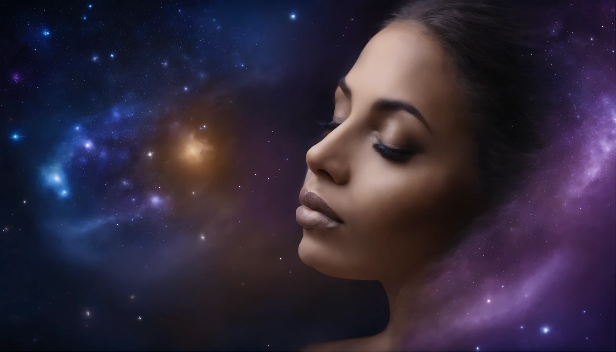 Human face in deep meditation, serenidade, aura brilhante e sutil, universo em AZUL e violeta, Stars and galaxies, macio, ethereal clouds, conectividade, roots in the earth, branches to the starry sky, tons amarelados, serenidade, cosmic harmony