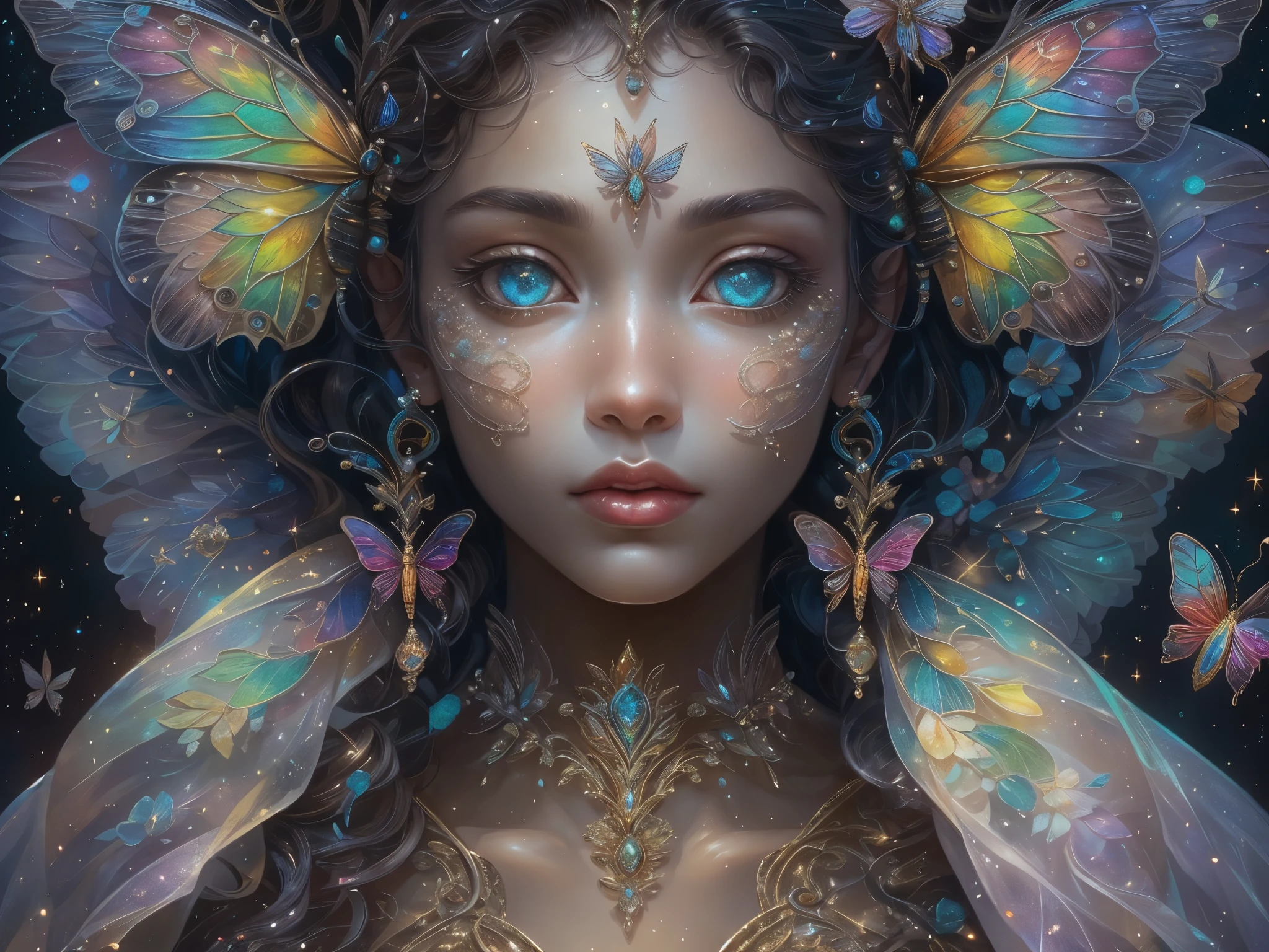 This is a realistic fantasy masterpiece with lots of shimmer, glitter, and intricate ornate detail. Generate one woman with a beautiful and delicate crown sitting on a garden swing at night. She is a beautiful and seductive butterfly queen with stunning curly black hair, (((incredibly realistic and detailed dynamic eyes in bright colors with realistic shading))). Her skin is translucent white, her eyes sparkle, and her dress is elegant. Her dress is spun of the finest gossamer silk with delicate, intricate, and subtle floral detailing and gold silk butterfly sleeves. Her face is lovely and . Include glow-in-the-dark flowers, lots of particles, highly realistic fantasy butteflies with translucent jewel-toned wings and fine detailing, and glow. The artwork is done in the style of Guviz and brings to mind masters in the genre such as trending fantasy works on Artstation and Midjourney. Camera: Utilize dynamic composition techniques to emphasize etherealness and delicate detail.