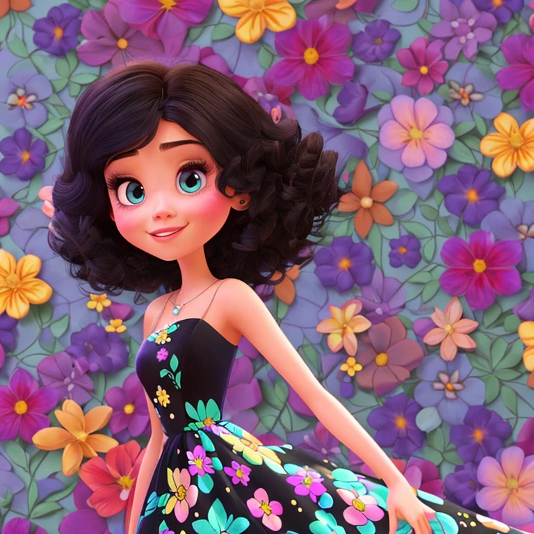 Disney Pixar style drawing, Luna is a young brunette with curly black hair, brown eyes, long floral dress.