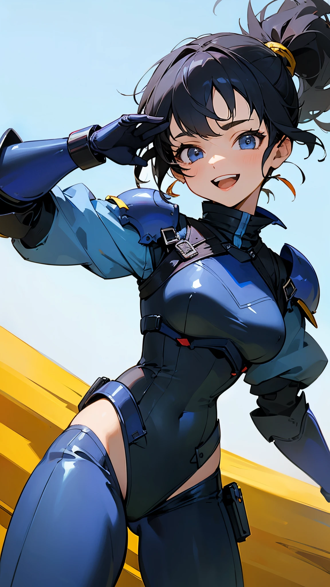 (highest quality,High resolution:1.2),18-year-old girl, Black Hair, Side Ponytail, Laughter, Lightweight blue bikini armor, Blue gloves, Relaxed pose, Natural light.