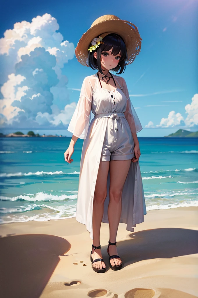 play a short woman on a beach