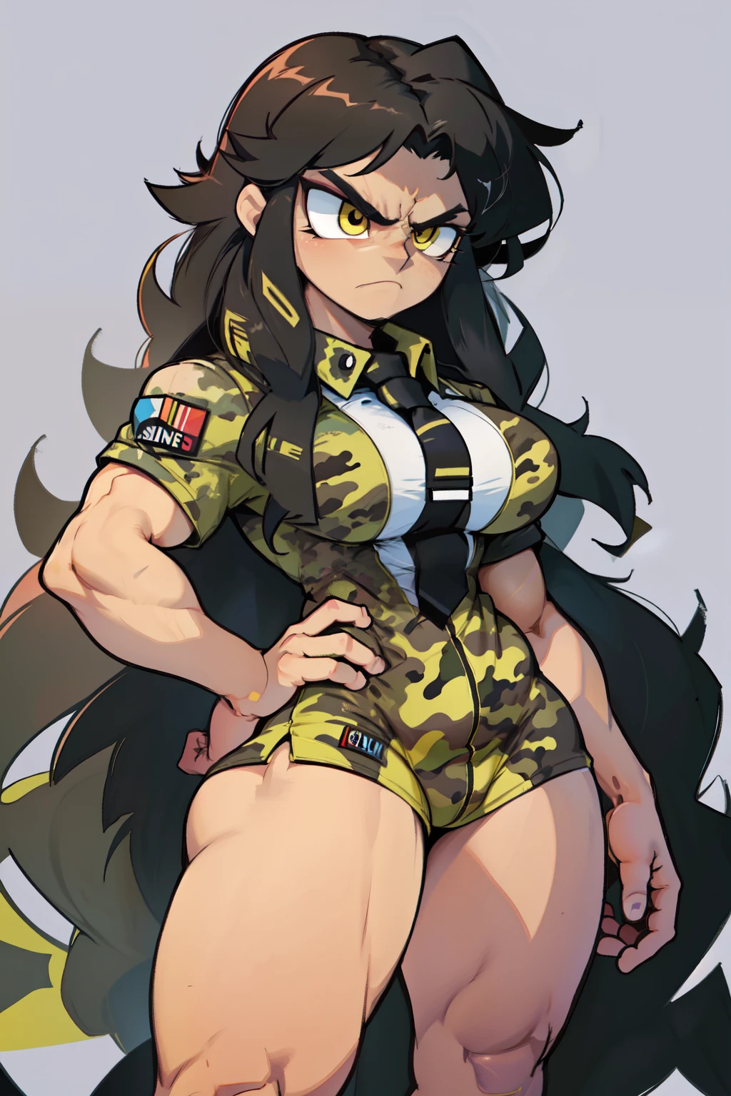 solo, 1 girl, (very long hair), black hair, angry, yellow eyes pale skin (wide hips thick thighs curvy muscular toned body bodybuilder huge tits) (camo uniform)