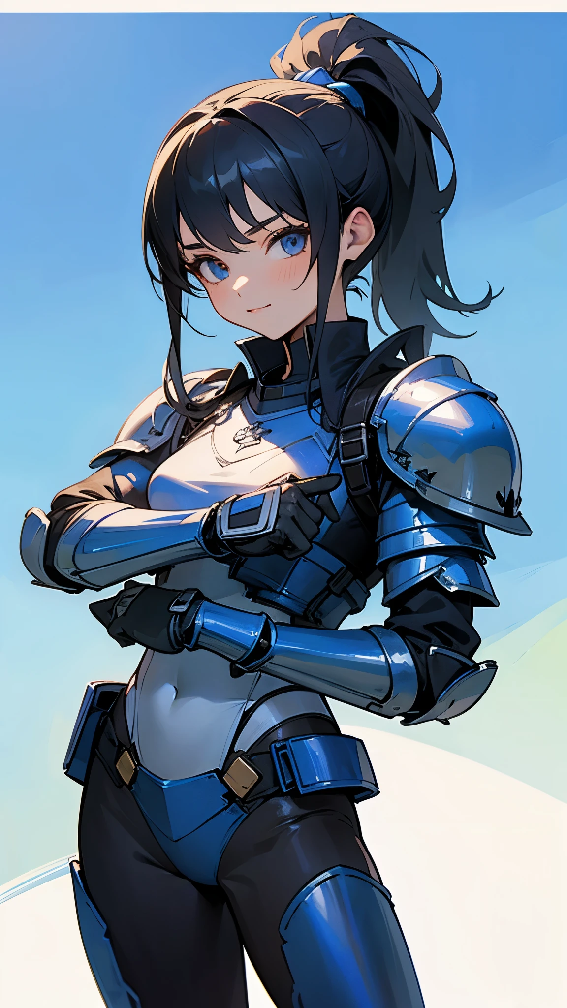 (highest quality,High resolution:1.2),18-year-old girl, Black Hair, Side Ponytail, LOL, Lightweight blue bikini armor, Blue gloves, Relaxed pose, Natural light.