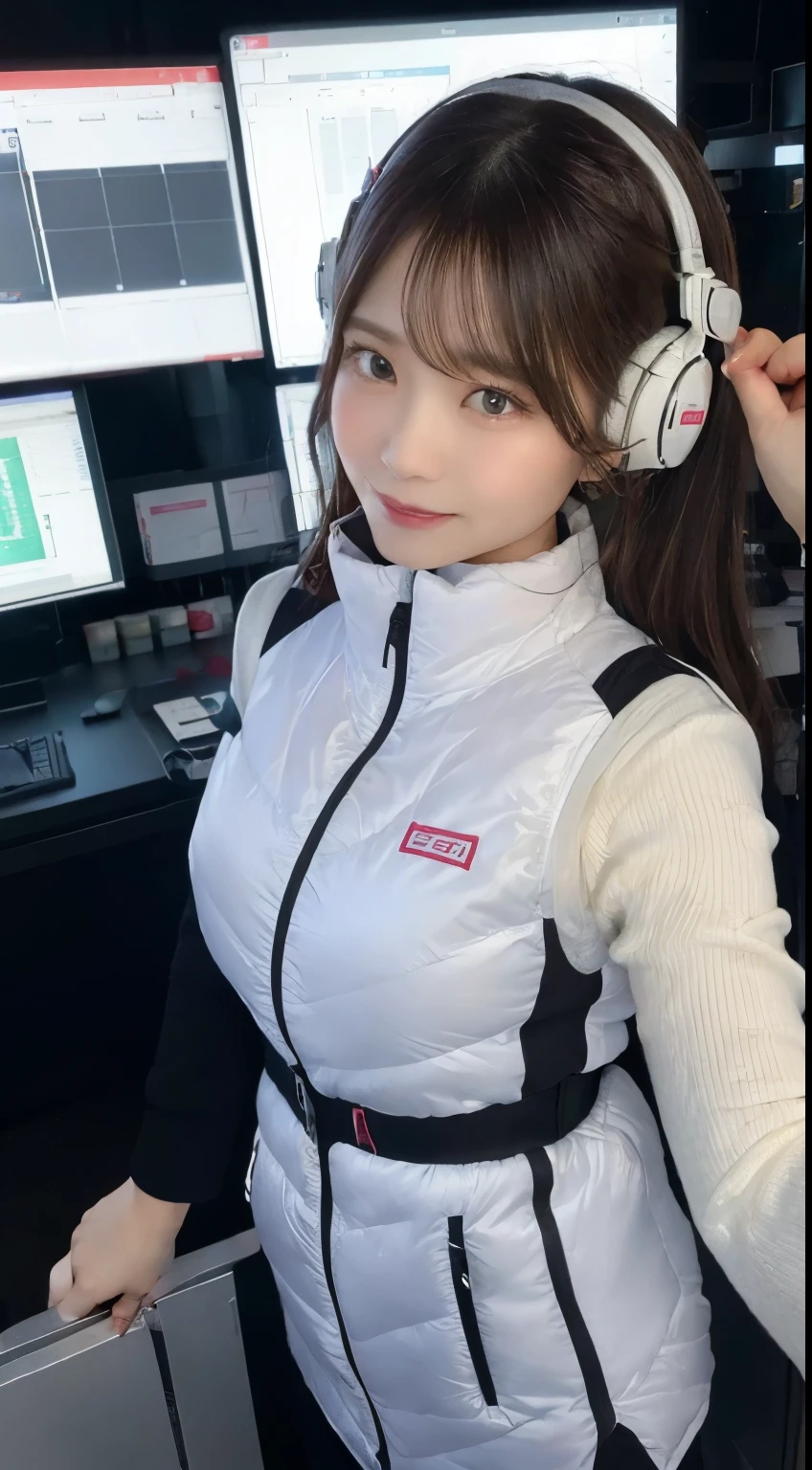 An innocent 20-year-old girl、((White tank top, Dramatic Pose)),smile,BREAK (Spacecraft control room background):2,、BREAK RAW Photos, (8k、highest quality、masterpiece:1.2)、(Intricate details:1.4)、(Photorealistic:1.4)、Octane Rendering、Complex 3D rendering with ultra-detail, Studio Soft Light, Rim Light, Vivid details, Super Detail, Realistic skin texture, Detailed aspect, Beautiful details in the eyes, Highly detailed CG Unity 16k wallpaper, compensate, (Detailed Background:1.2), Glowing Skin, whole body、(astrovest):2,(black long sleeves):5,headphone,smartwatch,((Standing with hands behind back、Leaning forward、Angle from above))