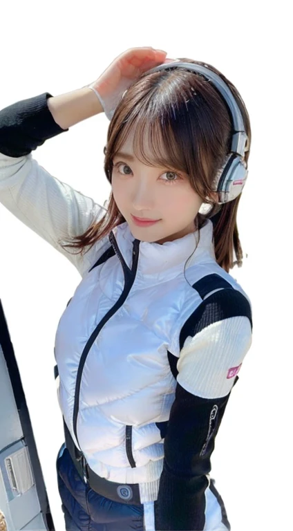 An innocent 20-year-old girl、((White tank top, Dramatic Pose)),smile,BREAK (Spacecraft control room background):2,、BREAK RAW Photos, (8k、highest quality、masterpiece:1.2)、(Intricate details:1.4)、(Photorealistic:1.4)、Octane Rendering、Complex 3D rendering with ultra-detail, Studio Soft Light, Rim Light, Vivid details, Super Detail, Realistic skin texture, Detailed aspect, Beautiful details in the eyes, Highly detailed CG Unity 16k wallpaper, compensate, (Detailed Background:1.2), Glowing Skin, whole body、(astrovest):2,(black long sleeves):5,headphone,smartwatch,((Standing with hands behind back、Leaning forward、Angle from above))