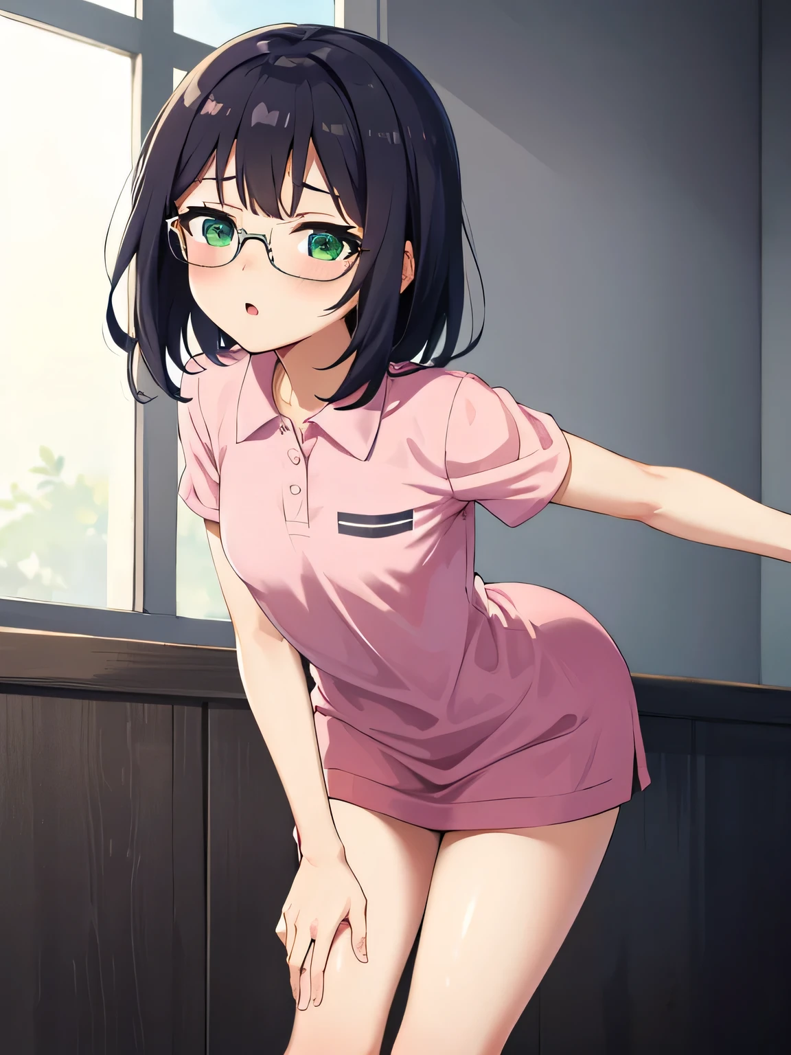 In town,Small breasts that can be rolled up,Black Hair,short hair,Green Eye Glasses,(Pink polo shirt, Short sleeve, naked), (High resolution, high quality:1.1), Intricate details,  1 girl,(blush,Embarrassing)There are a lot of people around