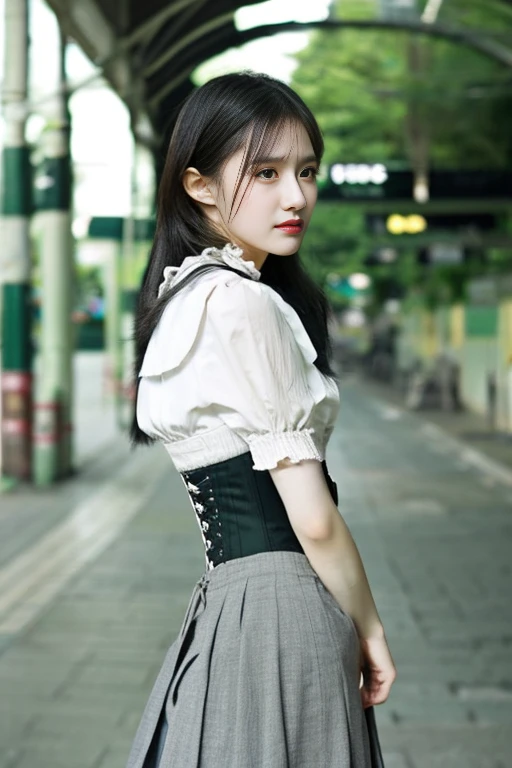 Station platform、Japanese women、young woman、22 years old、Long black hair、(White lightweight blouse、A material that allows your skin to show through)、(corset、Pale grey-green skirt),slender、Large Breasts、(Beauty、Beautiful Face、cute),attractive、Look away、(Understand the lines of the body)
