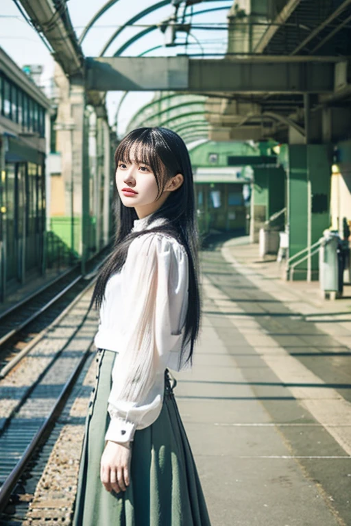 Station platform、Japanese women、young woman、22 years old、Long black hair、(White lightweight blouse、A material that allows your skin to show through)、(corset、Pale grey-green skirt),slender、Large Breasts、(Beauty、Beautiful Face、cute),attractive、Look away、(Understand the lines of the body)