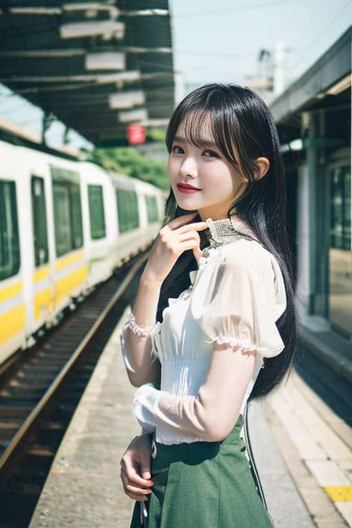 Station platform、Japanese women、young woman、22 years old、Long black hair、(White lightweight blouse、A material that allows your skin to show through)、(corset、Pale grey-green skirt),slender、Large Breasts、(Beauty、Beautiful Face、cute),attractive、Look away、(Understand the lines of the body)
