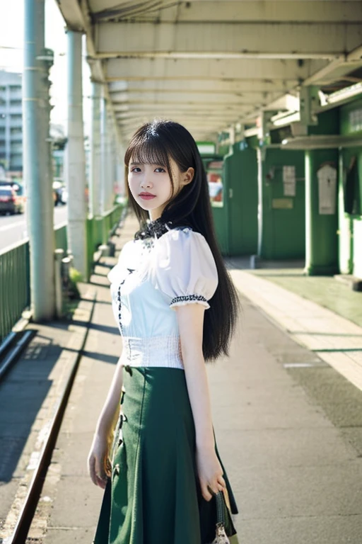 Station platform、Japanese women、young woman、22 years old、Long black hair、(White lightweight blouse、A material that allows your skin to show through)、(corset、Pale grey-green skirt),slender、Large Breasts、(Beauty、Beautiful Face、cute),attractive、Look away、(Understand the lines of the body)