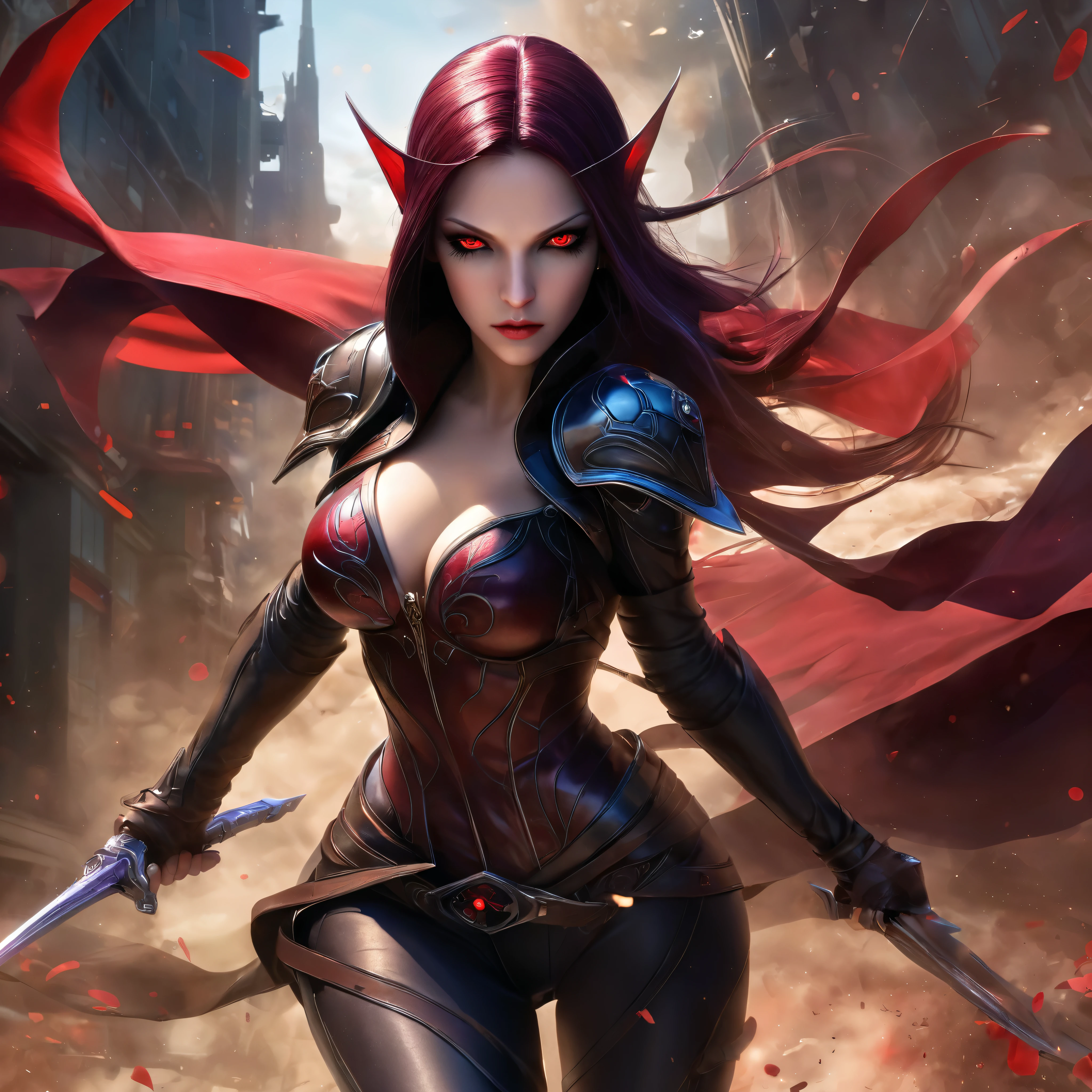 red eyes, sylvanas_windrunner, cinewow, 1girl, elf, will be depicted in the futuristic world of "Aeon Flux". The artwork will be created using the medium of digital illustration. The image quality should be at its best, with a resolution of 4k or 8k. It should be ultra-detailed and have a realistic, photorealistic appearance. The colors should be vivid and the lighting should be carefully designed to enhance the overall atmosphere of the scene. In the artwork,red eyes, sylvanas_windrunner, cinewow, 1girl, elf, character will be portrayed with beautiful, detailed eyes and lips. Her face will be extremely detailed, capturing her unique features and expressions. She will be shown in a dynamic pose, reflecting her strong and confident personality. The background will be a futuristic cityscape, showcasing the sci-fi elements of the "Aeon Flux" universe. The city will be presented in a dark and moody color palette, with neon lights illuminating the streets. The composition will have a strong sense of depth, with layers of buildings and structures creating a visually striking image. The artwork will have a professional and polished look, with sharp focus and ultra-fine painting details. The use of HDR and studio lighting will further enhance the realism of the scene. The overall style of the artwork will be influenced by concept artists, combining elements of science fiction and dystopia. The final result should be a masterpiece that captures the essence of "Aeon Flux" and portrayal of the red eyes, sylvanas_windrunner, cinewow, 1girl, elf, iconic character.
