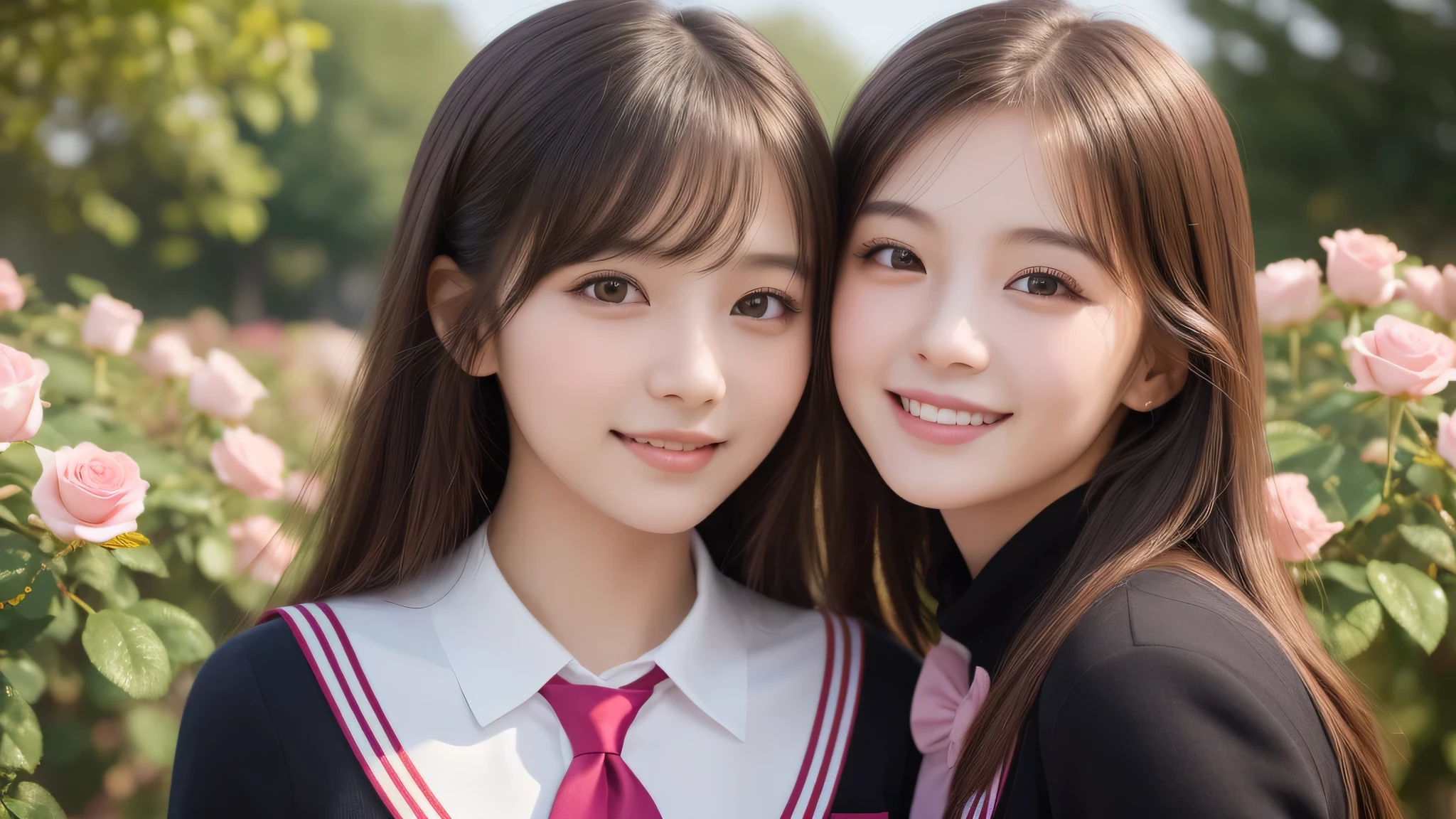 (2girl), refreshing smiles, (high school uniform), (Best Quality:1.4), Realistic, extremely detailed CG unified 8k wallpaper, highly detailed, High-definition raw color photos, professional photography, Realistic portrait, Beautiful detailed, (Fine face:1.2), Close up portrait of girl, Outdoors, Beautiful scenery, clear skies, (pink Rose flowers, rose garden, lots of pink roses:1.2)