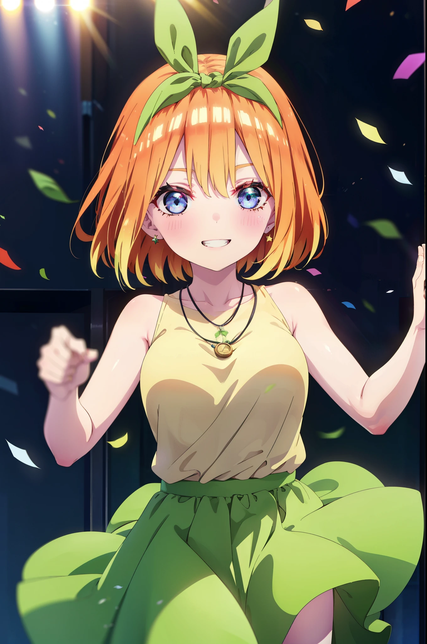 yotsubanakano, Yotsuba Nakano, bangs, short hair, blue eyes, Hair between the eyes, hair ribbon, hair band, Orange Hair, (Green ribbon:1.5), smile, Grin,Star hair ornament,smile,blush,Green sleeveless dress,Long skirt,Red Pin Heel,Sleeveless,naked,nakedの腕,nakedの首,nakedの鎖骨,Locket Necklace,Confetti,There is a birthday cake on the table,
break indoors, on stage,venue,
break looking at viewer, (Cowboy Shot:1.5),
break (masterpiece:1.2), highest quality, High resolution, unity 8k wallpaper, (shape:0.8), (Beautiful details:1.6), Highly detailed face, Perfect lighting, Extremely detailed CG, (Perfect hands, Perfect Anatomy),