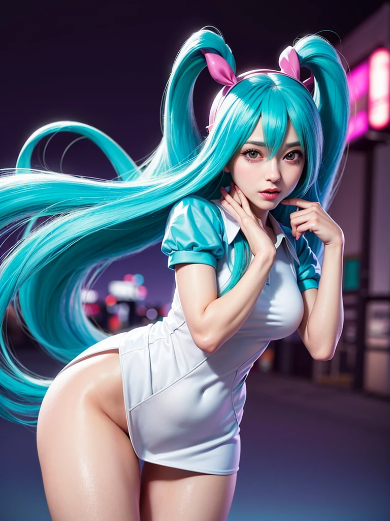 (La mejor calidad,A high resolution,Ultra - detallado,actual),Ariana Grande, chica anime Cosplay, anime Cosplay, (Hatsune MikuCosplay:1.4) , foto de Cosplay, dos colas blancas_guantes, Cosplay, lindo anime waifu con un bonito vestido, chica anime con pelo largo, Diosa del anime, Cosplay elegante y glamoroso, chica anime disfrazada de sirvienta, More detailed 8K.motor irreal:1.4,High Definition,La mejor calidad:1.4, fotorrealista:1.4, textura de la piel:1.4, obra maestra:1.8,obra maestra, mejor calidad,objeto Objeto], (rasgos faciales detallados:1.3),(Las proporciones correctas)(Detalles de la cara: 1.5, ojos azules brillantes, hermoso rostro, ojos bonitos, Contorno del iris, labios delgados: 1.5, Thin, sharp pale eyebrows, Long, dark eyelashes, double tabs),,  (pose vaquero), ,( ciberpunk 2.1), (vestuario kawaii :1.4), manos perfectas: 1.5, (perfect anatomy), (tokyo night alley background:1.4) 