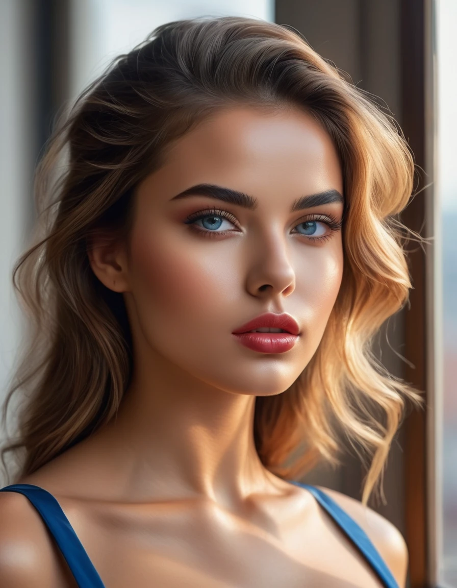 (Melhor qualidade, 4K, 8k, high resolution, obra de arte: 1.2), (super detalhado, realista, Fotorrealista:1.37)Uma jovem cativante, vestindo um conjunto impressionante de vermelho e azul, stands in front of a window with an air of toughness and determination. Her enchanting eyes are exquisitely detailed, capturando cada brilho e profundidade, while her lips boast a meticulous beauty that is both captivating and seductive. The level of detail extends to the entire face, every contour and feature meticulously rendered to perfection, creating a sense of hyperrealism that draws the viewer in.
O traje da , reminiscent of the art of oil painting, it's a work of art in itself. The factory, habilmente trabalhado para se assemelhar a pinceladas vibrantes, adds a touch of dynamism to your overall look. It is a true reflection of the artist's talent, mostrando uma maestria
