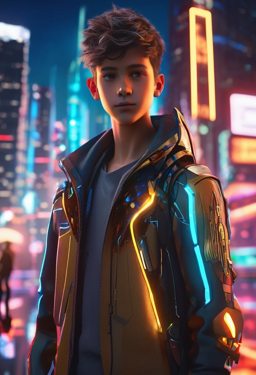 A 3D model of a teenage boy with a sleek cybernetic arm, wearing a jacket with glowing patterns, in a bustling futuristic cityscape at night, skyscrapers adorned with holograms in the background. Created Using: detailed character design, advanced prosthetics, interactive clothing, dynamic pose, urban sci-fi setting, vibrant color palette, detailed texturing, cinematic lighting, (best quality, 4k, 8k, highres, masterpiece:1.2), ultra-detailed, (realistic, photorealistic, photo-realistic:1.37), HDR, UHD, studio lighting, ultra-fine painting, sharp focus, physically-based rendering, extreme detail description, professional, vivid colors, bokeh, portraits, landscape, horror, anime, sci-fi, photography, concept artists.