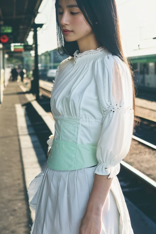 Station platform、Japanese women、young woman、22 years old、Long black hair、(White lightweight blouse、A material that allows your skin to show through:1.7),(Underwear is visible:1.3)、(corset、Pale mint green skirt),slender、(Large Breasts:1.5)、(Beauty、Beautiful Face、cute),attractive、Look away、(Understand the lines of the body)、Good posture