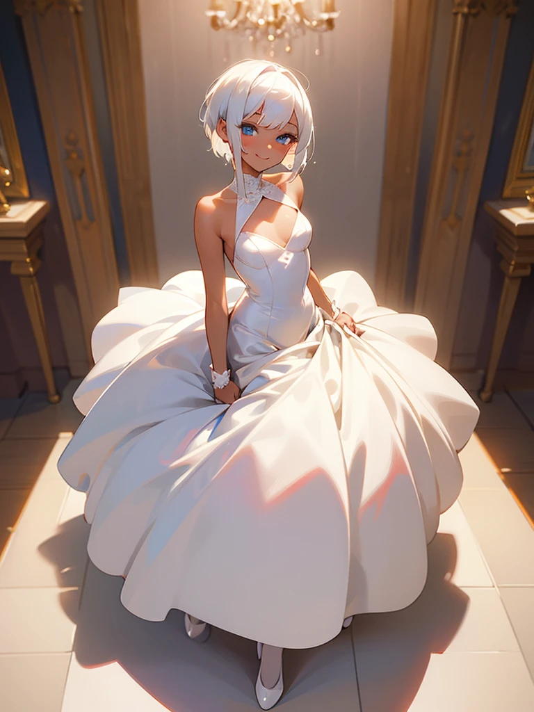 1girl, white hair, short hair, blue eyes, wedding dress, small breasts, shy, blush, ballroom, masterpiece, beautiful face, detailed eyes, clean fingers, standing upright, detailed background, full body, standing upright