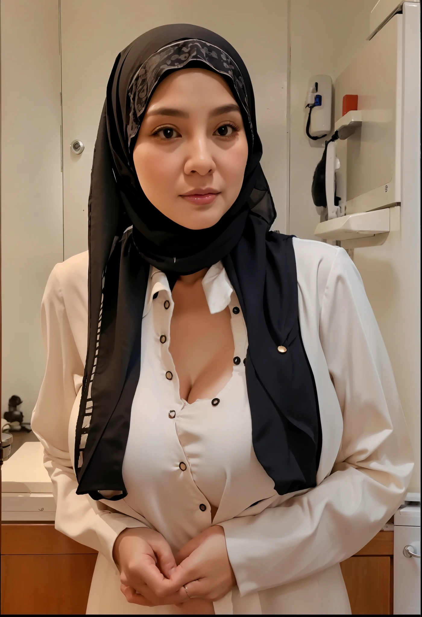 (((48 years Old, Indonesian Muslim milf, Expatriate))) ((Beauty Natural Large Veiny Breast : 1.4)), after sex with her husband Boss , ((wearing Long Hijab)), ((Tight Apron)), ((Double K Cup breast))), ((Busty body, Hourglass body)), (((at Private Kitchen))), full body, Body Like gravure Idol, Showing her Beauty Thigh, Cold Situation, tired face, repeatedly had intimate relations with her husband's boss without her husband's knowledge, A face full of regret for betraying her husband's loyalty, (((Multiple Photos In One Frame :1.2)))