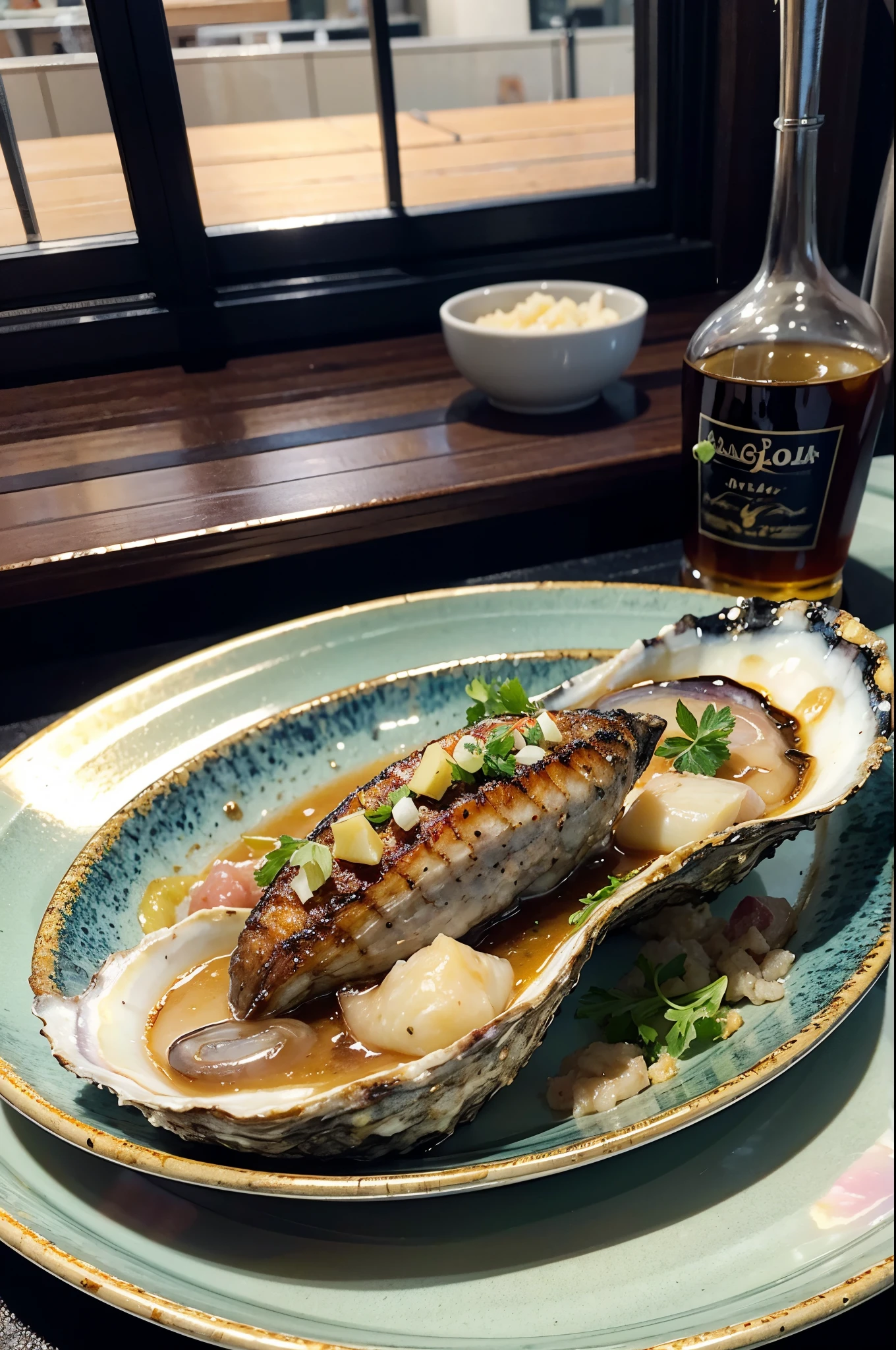 LA PHOTO EST UN GROS PLAN SUR UNE ASSIETTE DE CUISINE, PLAT D'HUITRE élaboré et délicieuX ! HUITRES oyster gastonomique , dish elaborate luxurious , Huitres Belle est charnue, WORKED AND COLORFUL DISH 8 perfect oysters , dazzling mother-of-pearl , advertising years 2024 , GROS PLAN SUR LE PLAT , PHOTOGRAPHIE DE CUISINE SUPERBE !