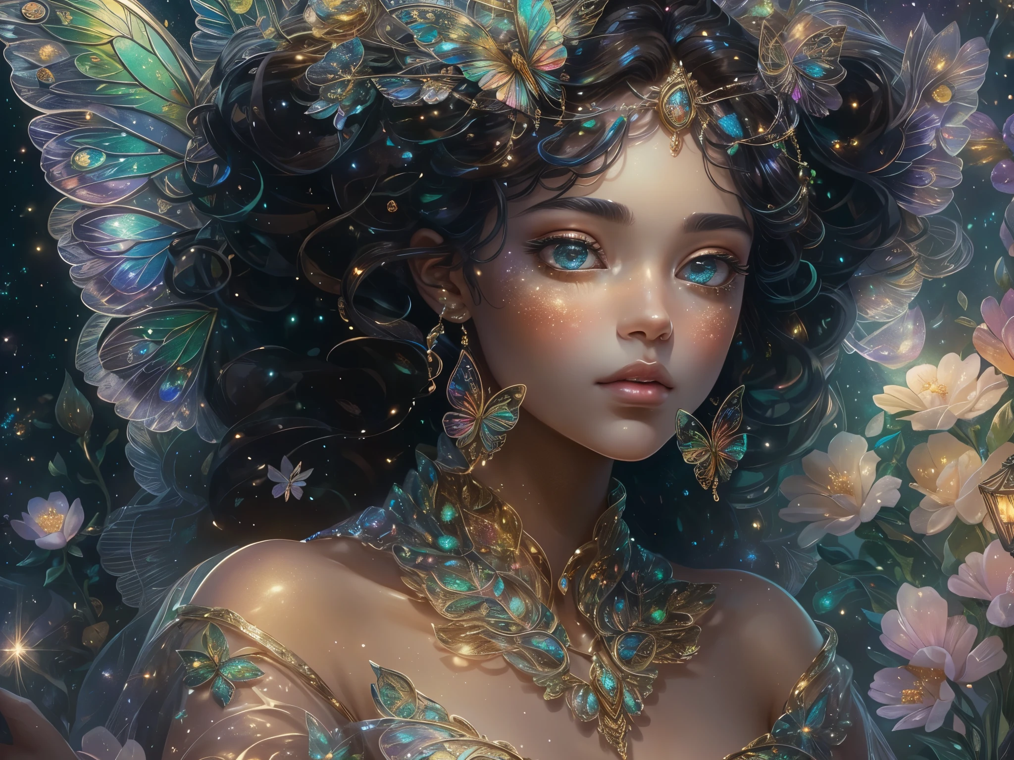 This is a realistic fantasy masterpiece with lots of shimmer, glitter, and intricate ornate detail. Generate one  woman with a beautiful and delicate crown sitting on a garden swing at night. She is a beautiful and seductive butterfly queen with stunning curly black hair, (((incredibly realistic and detailed dynamic eyes in bright colors with realistic shading))).  Her skin is translucent white, her eyes sparkle, and her dress is elegant. Her dress is spun of the finest gossamer silk with delicate, intricate, and subtle floral detailing and gold silk butterfly sleeves. Her face is lovely and . Include glow-in-the-dark flowers, lots of particles, highly realistic fantasy butteflies with translucent jewel-toned wings and fine detailing, and glow. The artwork is done in the style of Guviz and brings to mind masters in the genre such as trending fantasy works on Artstation and Midjourney. Camera: Utilize dynamic composition techniques to emphasize etherealness and delicate detail.