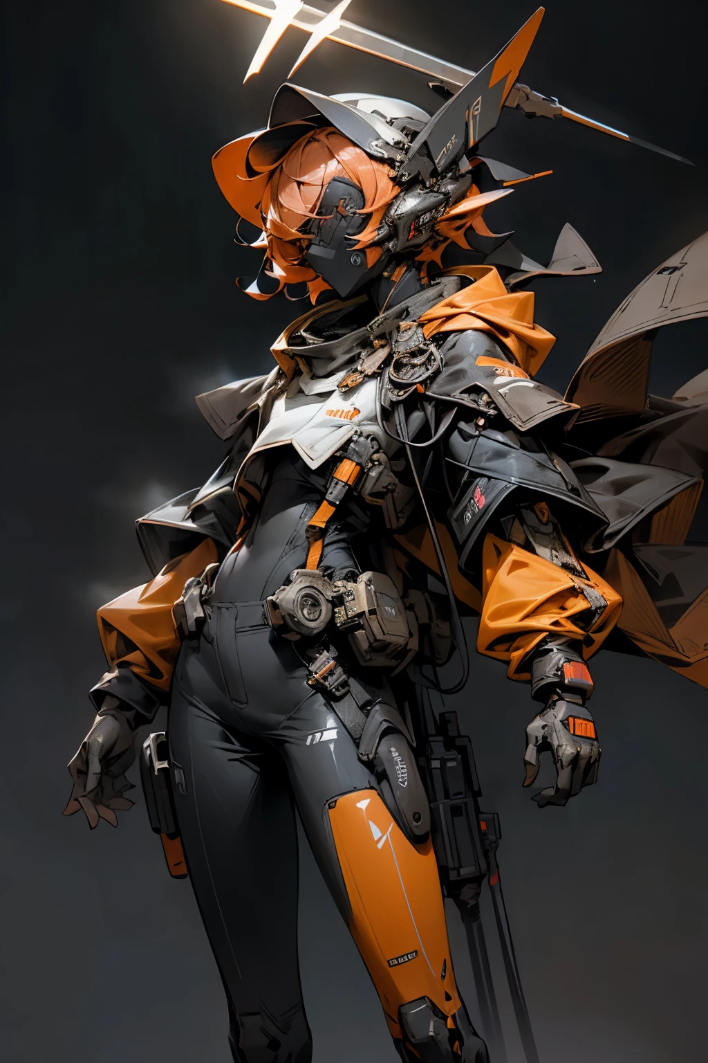 A sci-fi stylized young girl. Multiple-layered raincoat covering a whole body with a "HOPE" text on it. Short orange hair, calm expression. Square bulky visor completely covering the eyes, hood. Cybornetic long legs. Gloved hands. The clothes are black and dark-grey colored. Small crucifix on the chest. 6 small sphere drones with orange neon lights on it floating around separately. Right hand reaching forward. Night Time. Photo realistic.