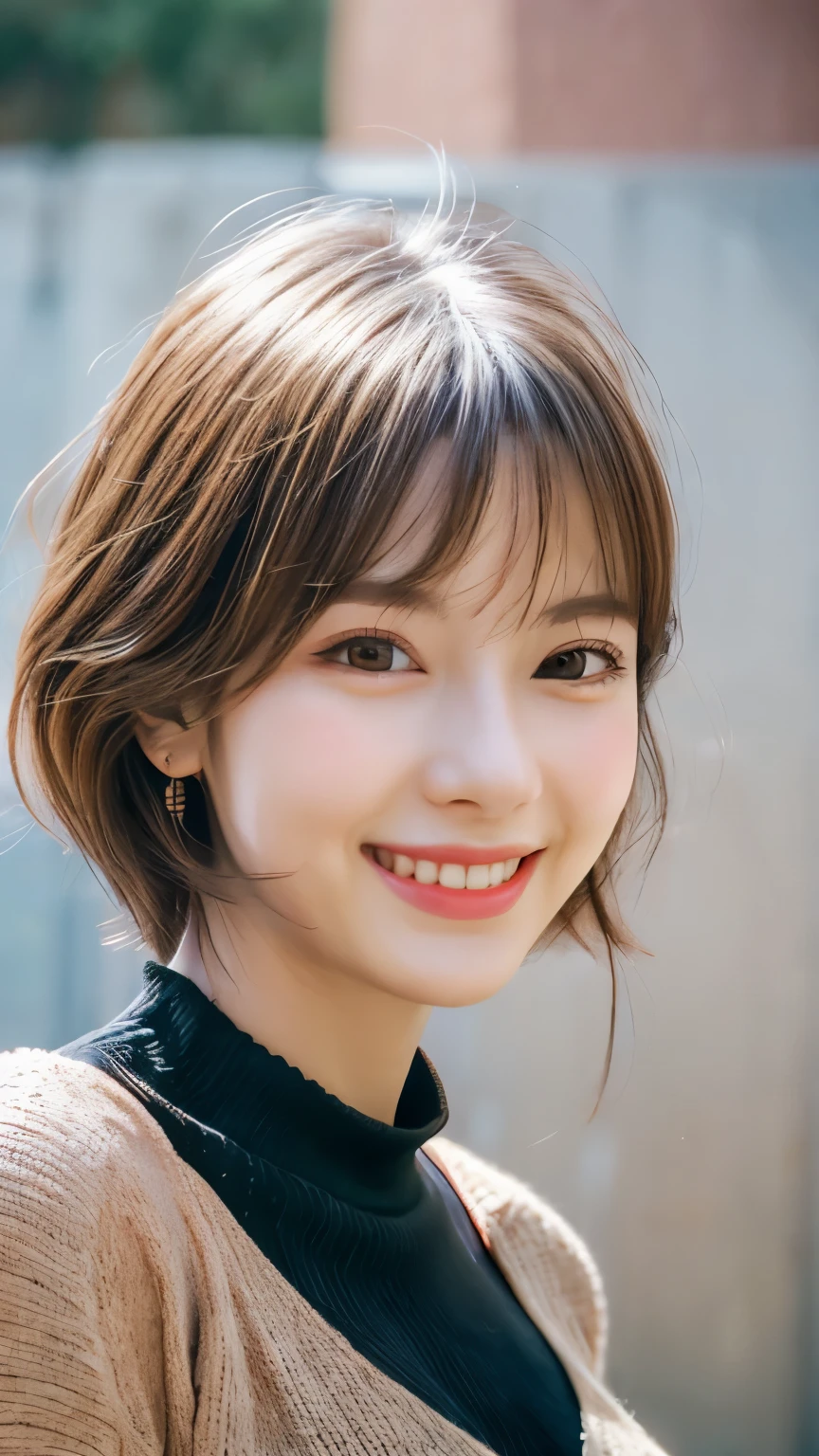 Light brown hair color, Ahoge, short hair, Hair ties, light smile, smile, Anaglyph, ukiyo-e, Anime style, 8k, Super Detail, Accurate, highest quality, Ultra-high resolution, 4K -- Auto,(head shot:1.5)、tight knit dress