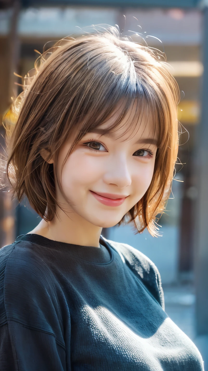 Light brown hair color, Ahoge, short hair, Hair ties, light smile, smile, Anaglyph, ukiyo-e, Anime style, 8k, Super Detail, Accurate, highest quality, Ultra-high resolution, 4K -- Auto,(head shot:1.5)、tight knit dress