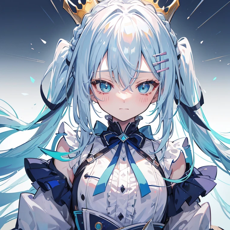 streaked hair, silver hair, light blue hair, hair between eyes, crossed bangs, hair over shoulder, long hair, crown braid, expressive hair, hair ribbon, hair ornament, raised eyebrows, closed eyes, aqua eyes, fingersmile, expressions, smiley, happy, light blush, cheek-to-cheek, cheek poking, anime, anime style, negative space, cowboy shot, perspective, bokeh, masterpiece, anatomically correct, super detail, award winning, best quality, highres