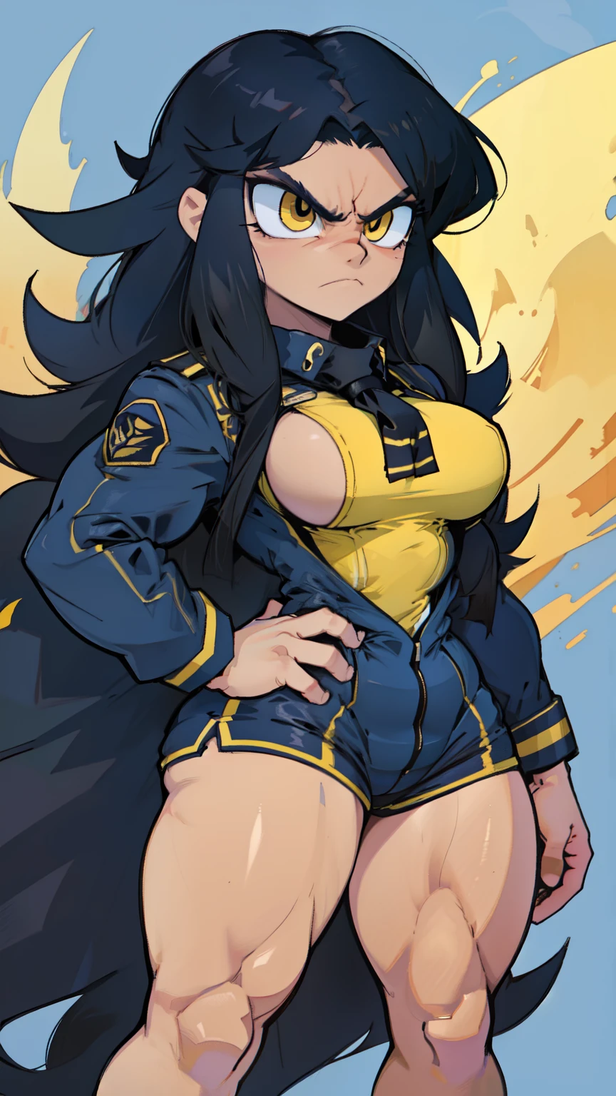 solo, 1 girl, (very long hair), black hair, angry, yellow eyes pale skin (wide hips thick thighs curvy muscular toned body bodybuilder huge tits) (navy uniform)