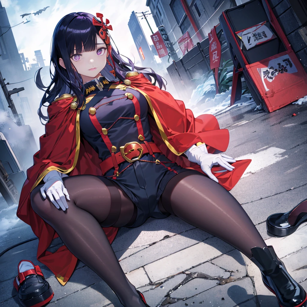 Anime illustration of a giantess sitting on a medieval house in her underwear