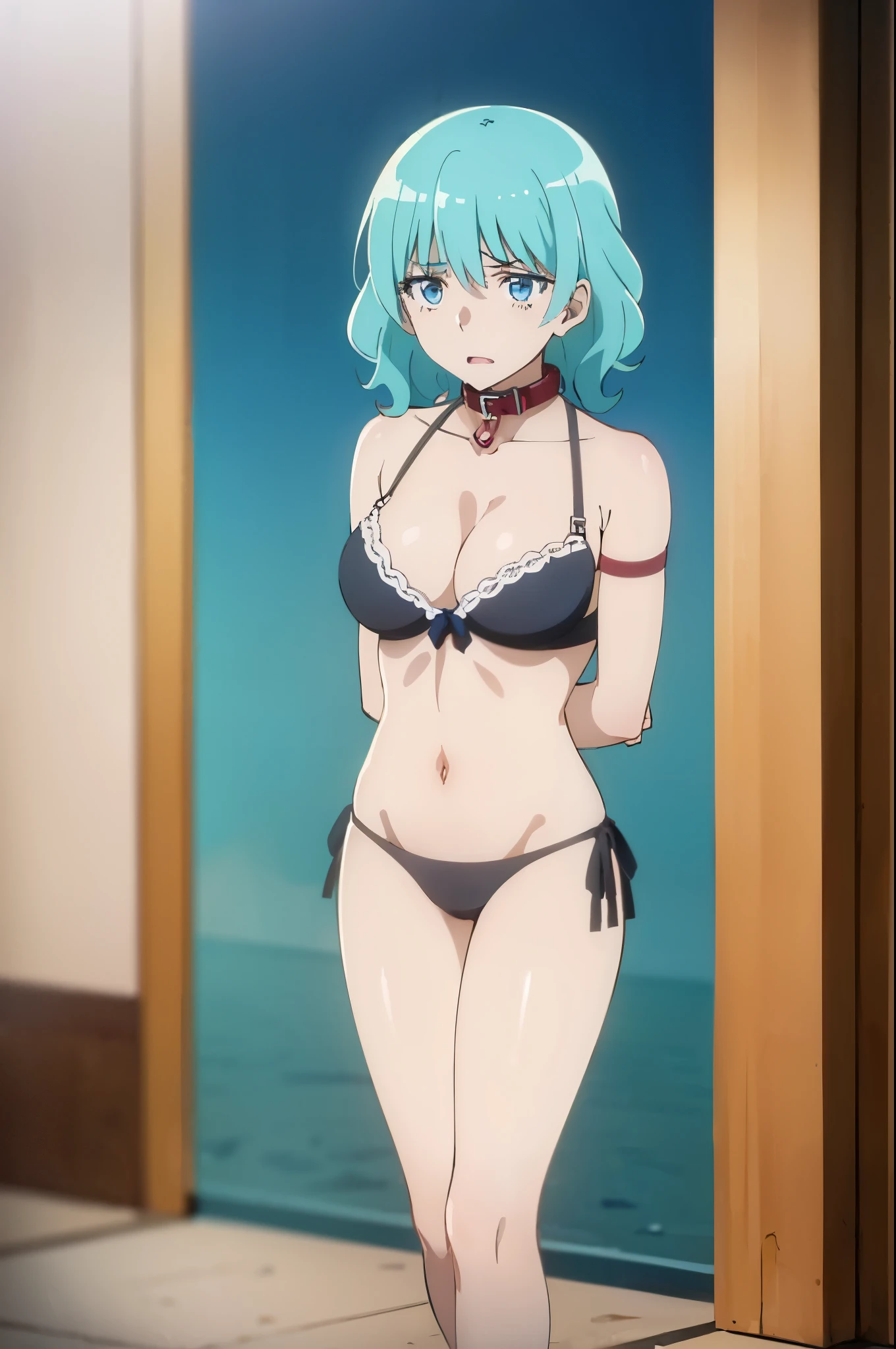 ((collar,leash,tied up,bondage,scared expression,)),1Girl, solo,aqua hair, medium hair, blue eyes,(((blackbikini,bra)))
