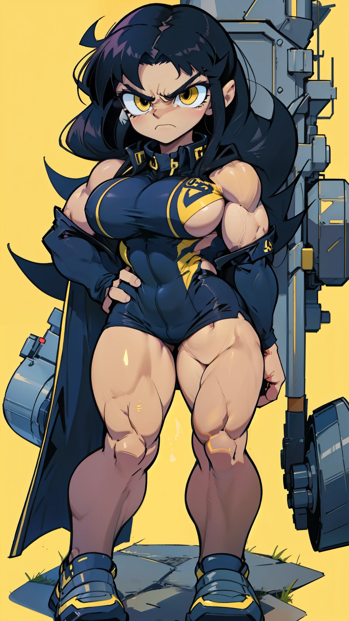 solo, 1 girl, (very long hair), black hair, angry, yellow eyes pale skin (wide hips thick thighs curvy muscular toned body bodybuilder huge tits) (navy uniform)
