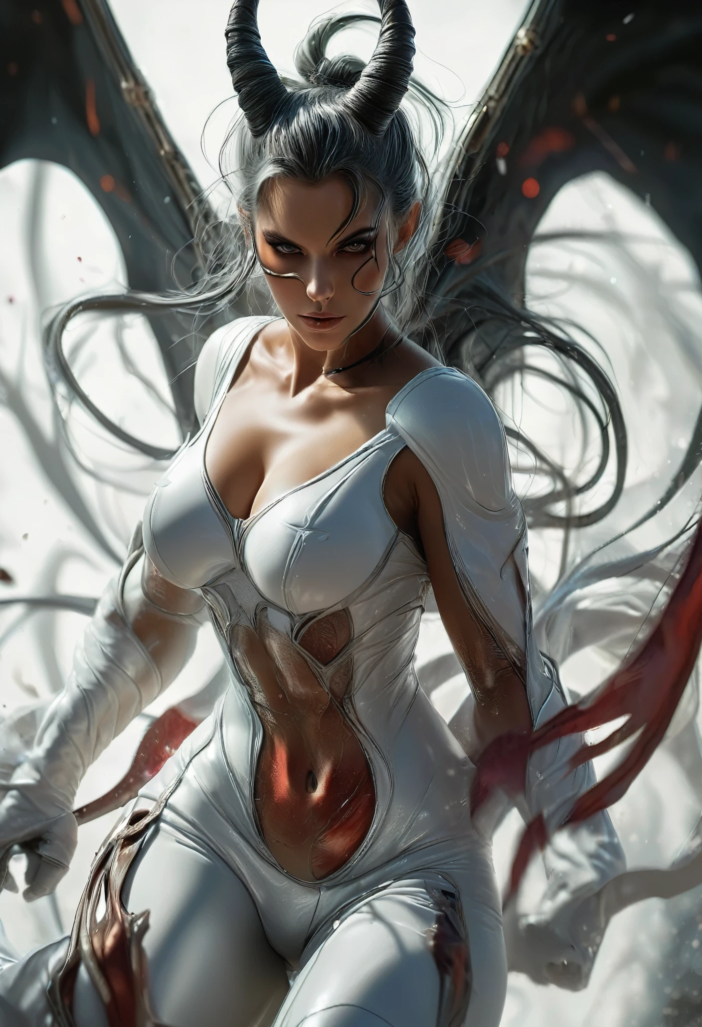 (carnage:1.5),(black and white demoness:1.5),(beautiful female model:1.5), (demoness with Large horns:1.25),(1 super muscular succubus with flayed skin:1.5), (covered in thick white muscle suit:1.5), (exposed perfect anatomy:1.5), high detail, best quality, masterpiece, finely detail, realistic skin texture, 85 mm art lens, f 1.2, sharp focus, 8 k high definition, insanely detailed, intricate, glowing white eyes, dark hair, glowing white background, , hair bun, beautiful female face