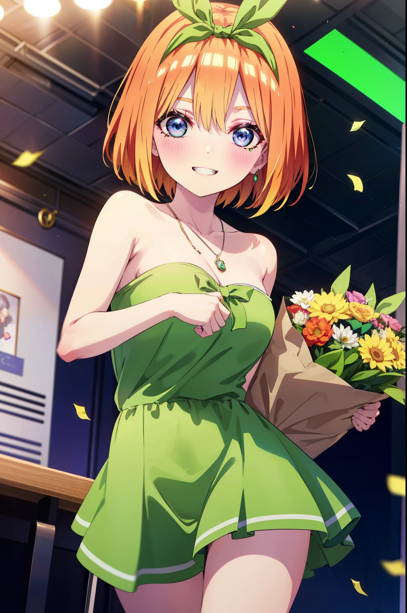 yotsubanakano, Yotsuba Nakano, bangs, short hair, blue eyes, Hair between the eyes, hair ribbon, hair band, Orange Hair, (Green ribbon:1.5), smile, Grin,smile,blush,Green sleeveless dress,Long skirt,Green stiletto heels,Sleeveless,naked,nakedの腕,nakedの首,nakedの鎖骨,holding a large bouquet of flowers with both hands,Locket Necklace,Confetti,There is a birthday cake on the table,
break indoors, on stage,venue,
break looking at viewer, (Cowboy Shot:1.5),
break (masterpiece:1.2), highest quality, High resolution, unity 8k wallpaper, (shape:0.8), (Beautiful details:1.6), Highly detailed face, Perfect lighting, Extremely detailed CG, (Perfect hands, Perfect Anatomy),