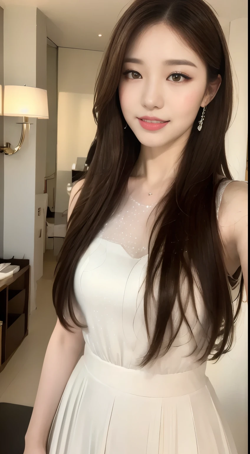 ((highest quality, 8k, masterpiece :1.3)), One girl, ,A very affectionate smile:1.3,blush, Red lipstick:1.2,Dark lipstick:1.2,Slim face, Beautiful woman, Big Breasts:1.3, Highly detailed face, double eyelid, night, night景, skyscraper, Hotel,bedroom,,Staring at the camera,White loose blouse,flare skirt,(masterpiece: 1.3), (Maximum resolution: 1.4), (Ultra high definition: 1.2), Cinematic Light, Ultra high definition, (Detailed eyesと肌), (Detailed facial features), 8k resolution, Perfect Style, Beautiful expression、Highly detailed face and skin texture、Detailed eyes、Glitter Eyeliner:1.2、Thin cheeks、((Pure white skin:1.1)),Glossy Lips:1.2、((Full Body Shot:1.2)),(Straight Hairstyles、Light brown hair),,175cm,