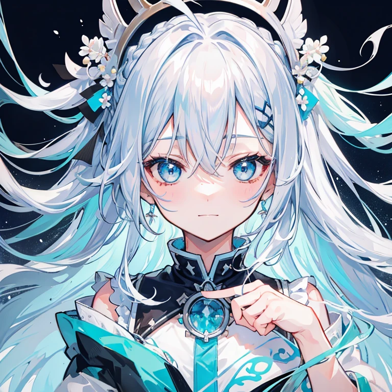streaked hair, silver hair, light blue hair, hair between eyes, crossed bangs, hair over shoulder, long hair, crown braid, expressive hair, hair ribbon, hair ornament, raised eyebrows, closed eyes, aqua eyes, fingersmile, joyful, expressions, smiley, happy, light blush, cheek-to-cheek, cheek poking, anime, anime style, negative space, cowboy shot, perspective, bokeh, masterpiece, anatomically correct, super detail, award winning, best quality, highres