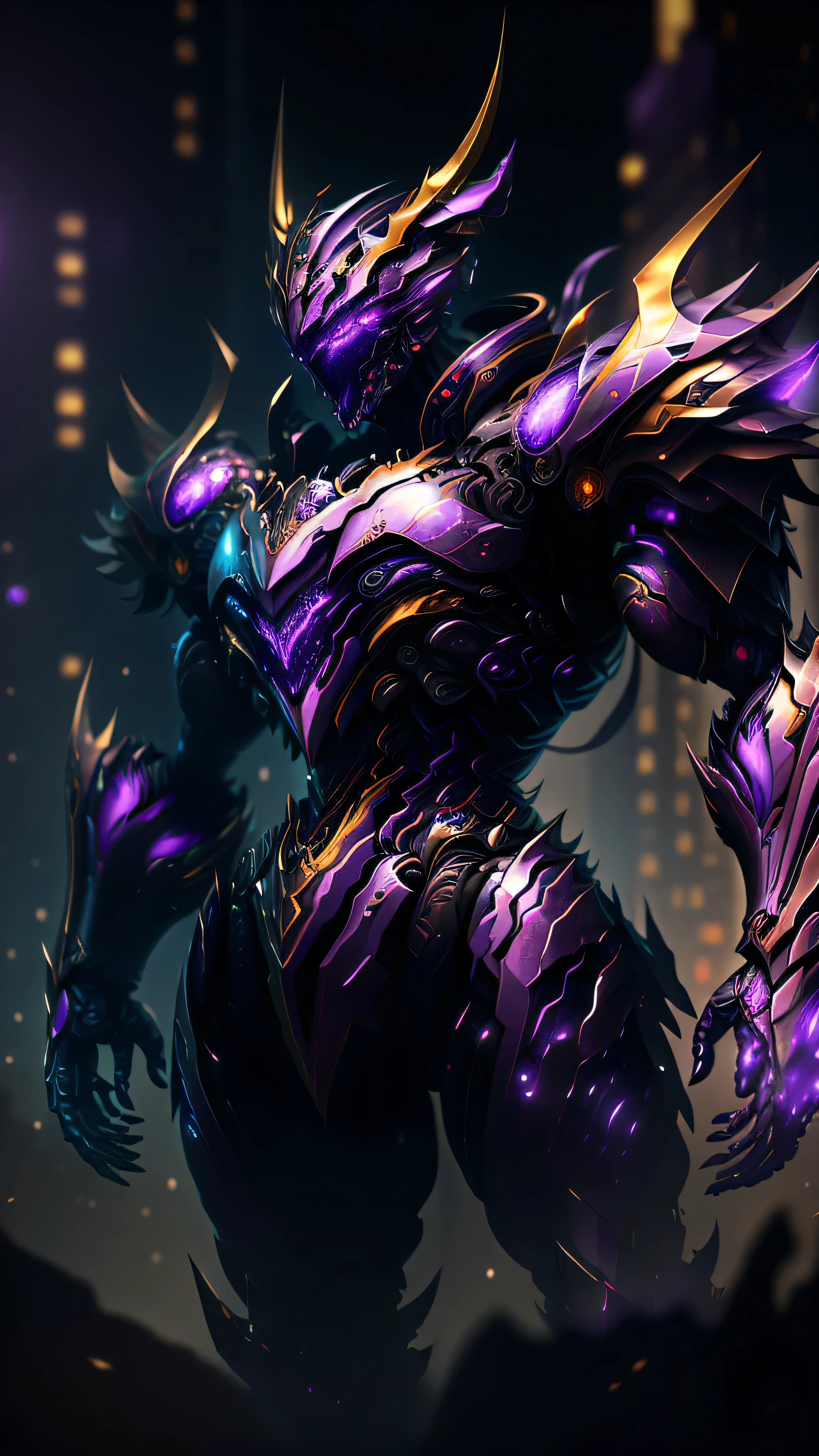 (masterpiece:1.2), best quality, high resolution, unity 8k wallpaper, (ultra realistic:1.0), beautiful detailed, extremely detailed, perfect lighting, extremely detailed CG,glowing eyes,purple Heavy Mech,purple skeleton armor,(metallic shining purple),purple full_armor,purple warframe,horns, fake horns, red eyes, global ray tracing,looking at the viewer,solo,perspective, dynamic fighting pose, city streets with colourful neon lights in bokeh 