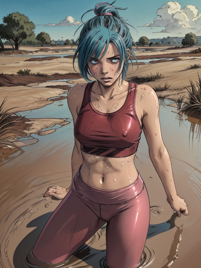 (best quality), (highres), (masterpiece), (anime), ( girl head), (gloomy orgasm:1.1),(colored hair), (blush), (sporty top),(sporty colored wetlook leggings), (completely drowned in quicksand bog), (red), tears,sky, can't get out, sexual provocation photosession