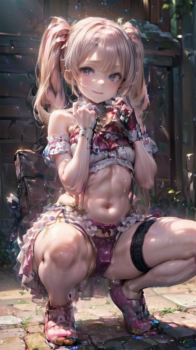 (Images that are not subject to viewing restrictions:1.5),(BESTquality),(16K),(Super Resolution),(White-skinned cute beauty),(Delicate anime),(High twin tail hair:1.5)(very cute),(very cute美女)(1 person),(Very delicate),(Squat with your feet wide apart:1.8),(smile),(Beautiful body:1.3),(Smart body:1.3),(Angle from below:1.2),(Worshiped by everyone:1.2),(Frilled Skirt:1.3),(blush),(誘うようなsmile:1.3),(PINK Panties:1.3),(Sit with your crotches wide open to the left and right.:1.8),(PINK Pantiesのスーパーモデル:1.3),(Sharp details of the crotch:1.2),(Bright lighting),(Belly button exposed:1.2),(See-through panties:1.2),(Frill Panties:1.3),(Thin suspenders:1.2),(White knee socks:1.2),(garter belt:1.3),(Sweating profusely),(Very hot day),(Largely torn clothes:1.3),(Belly button dent),(Pink Shoes:1.5),(She is doing a sports diet by doing squats with her legs spread wide apart:1.2),(Angle from the model's crotch:1.3),(DOUBLEHAND BEHIND HEAD AND SQUAT:1.3),(Slender sexy female legs:1.3),(Micro Panties:1.3),(perfectfinger:1.2) ( purple hair:1.3 ),({ Asamiya Athena :1.3 }),