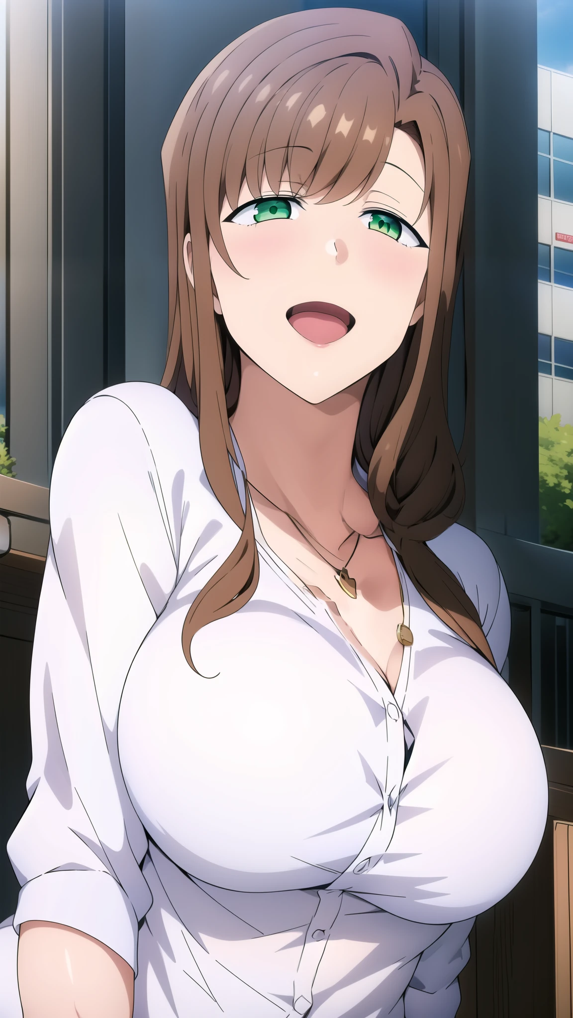 master piece, 1girl, breasts, solo, brown hair, green eyes, , large breasts, looking at viewer, smile, open mouth, long hair, collarbone, upper body, necklace, white dress, cardigan, brown jacket, , (((white shirt))), outside, park
