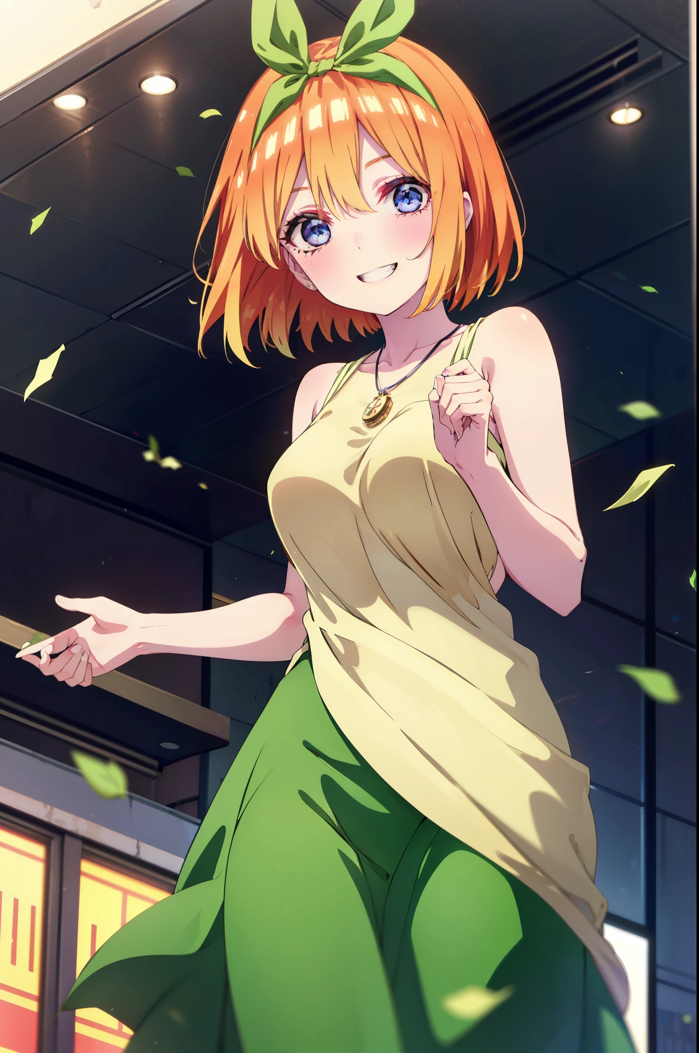 yotsubanakano, Yotsuba Nakano, bangs, short hair, blue eyes, Hair between the eyes, hair ribbon, hair band, Orange Hair, (Green ribbon:1.5), smile, Grin,smile,blush,Green sleeveless dress,Long skirt,Green stiletto heels,Sleeveless,naked,nakedの腕,nakedの首,nakedの鎖骨,holding a large bouquet of flowers with both hands,Locket Necklace,Confetti,There is a birthday cake on the table,
break indoors, on stage,venue,
break looking at viewer, (Cowboy Shot:1.5),
break (masterpiece:1.2), highest quality, High resolution, unity 8k wallpaper, (shape:0.8), (Beautiful details:1.6), Highly detailed face, Perfect lighting, Extremely detailed CG, (Perfect hands, Perfect Anatomy),