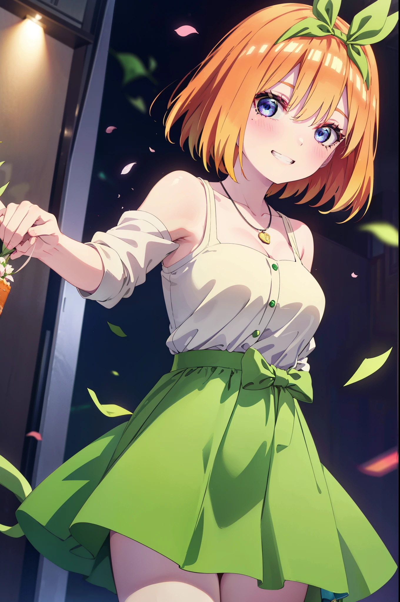 yotsubanakano, Yotsuba Nakano, bangs, short hair, blue eyes, Hair between the eyes, hair ribbon, hair band, Orange Hair, (Green ribbon:1.5), smile, Grin,smile,blush,Green sleeveless dress,Long skirt,Green stiletto heels,Sleeveless,naked,nakedの腕,nakedの首,nakedの鎖骨,holding a large bouquet of flowers with both hands,Locket Necklace,Confetti,There is a birthday cake on the table,
break indoors, on stage,venue,
break looking at viewer, (Cowboy Shot:1.5),
break (masterpiece:1.2), highest quality, High resolution, unity 8k wallpaper, (shape:0.8), (Beautiful details:1.6), Highly detailed face, Perfect lighting, Extremely detailed CG, (Perfect hands, Perfect Anatomy),