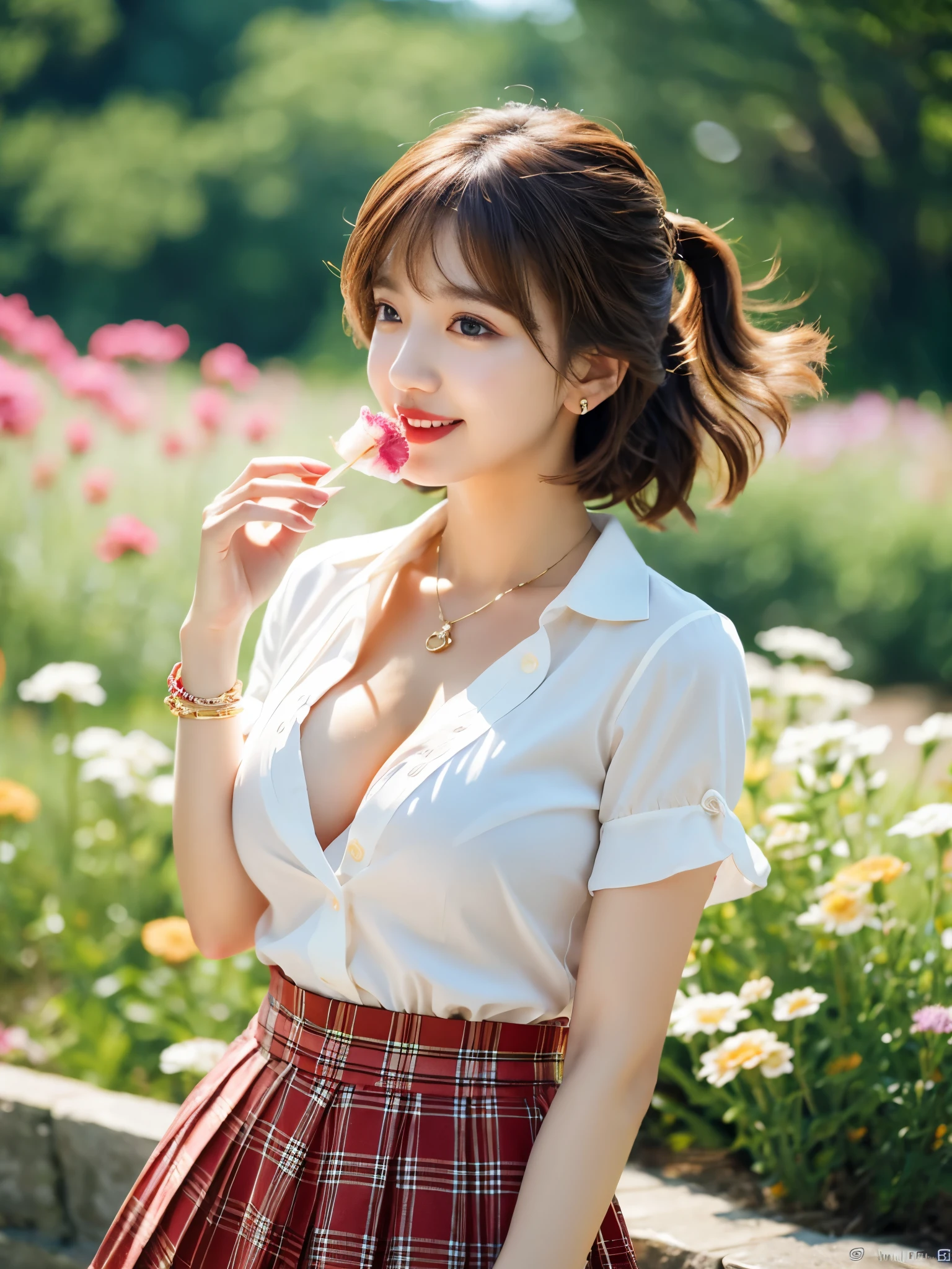 nsfw, 8K raw photo, Best quality, masterpiece, ultra high res, film grain, filmg, 1girl, looking at viewer, natural skin texture, realistic eye and face details, full lips, lipstick, (makeup), red eyeshadow, fluffy short hair, messy hair, smile, close mouth, beautiful legs, tall female, skinny, slim_legs, solo, enormous breast, cleavage, Pose with buttocks facing you, ultra short skirt, ass, shirt, beautiful nature location, around flower location, (detailed background), plaid skirt, white shirt, enormous breast, cleavage, Show a little cleavage through the shirt, loafers, blurry background, blurry, holding, plaid, short sleeves, jk ribbon on the neck, jk ribbon, brown hair, bracelet, water, bangs, , jewelry, parted lips, lips, from side, pleated skirt, depth of field